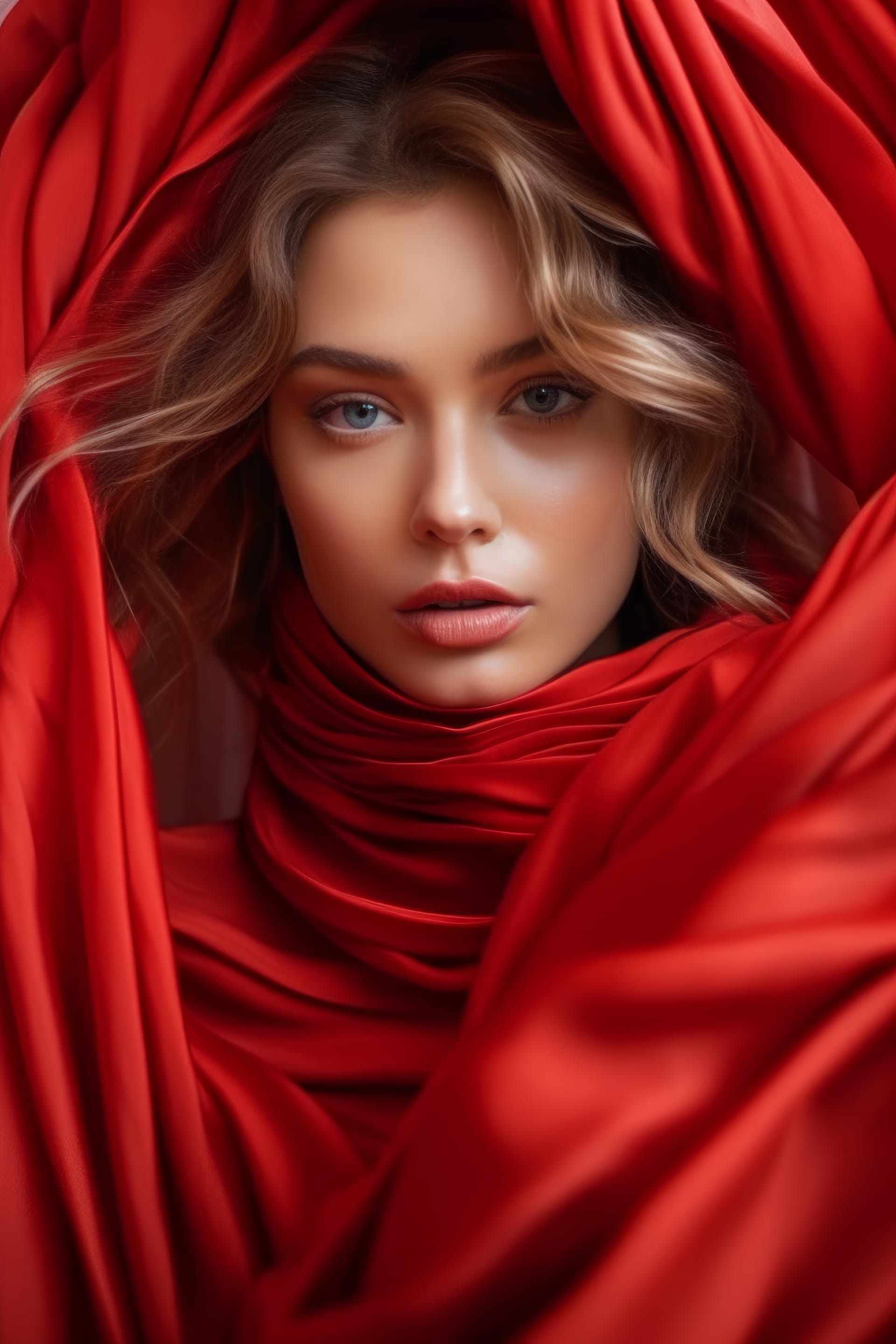 Bright portrait beautiful woman with red scarf her head