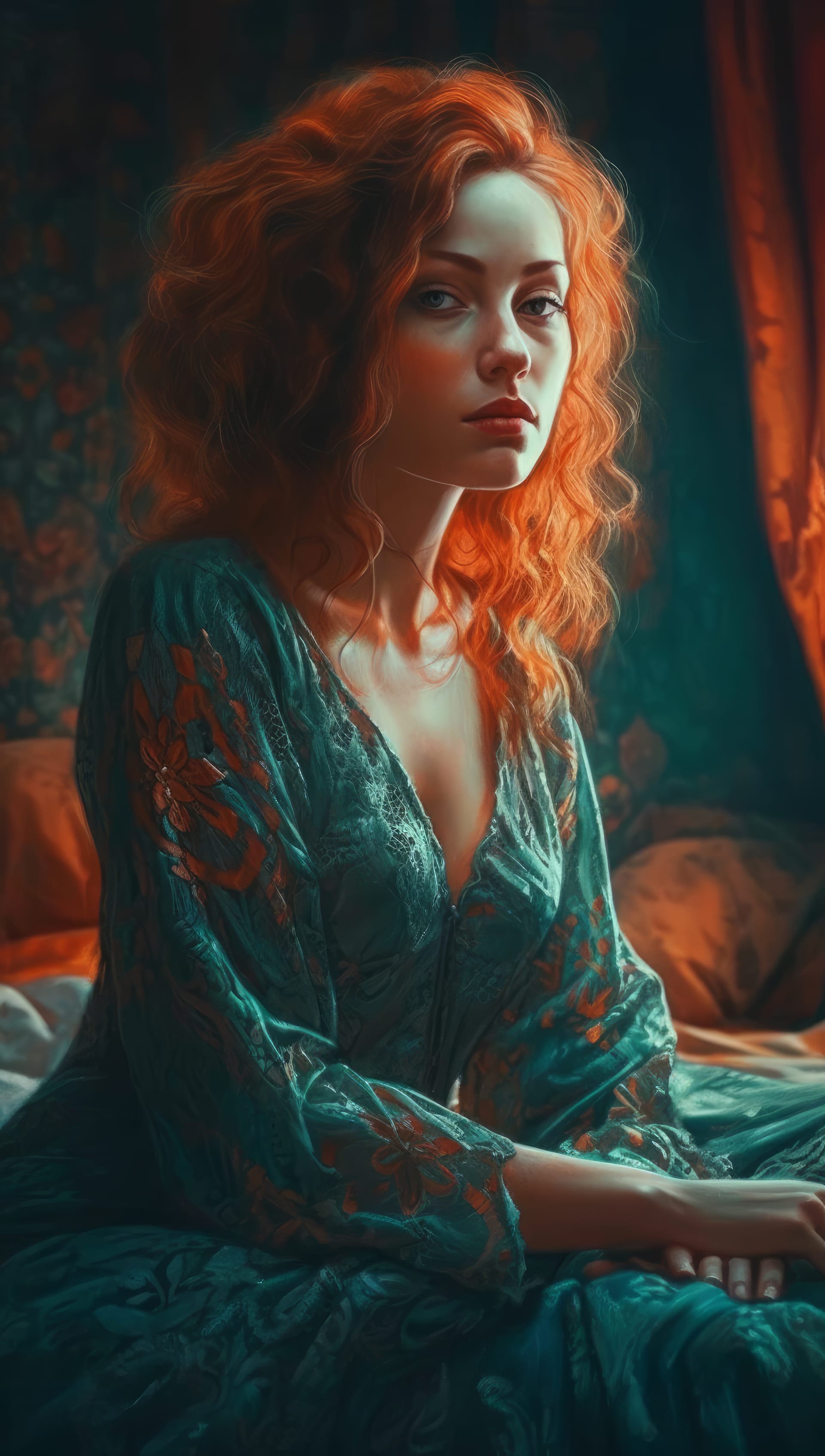 Bright portrait young woman with red hair sits bed
