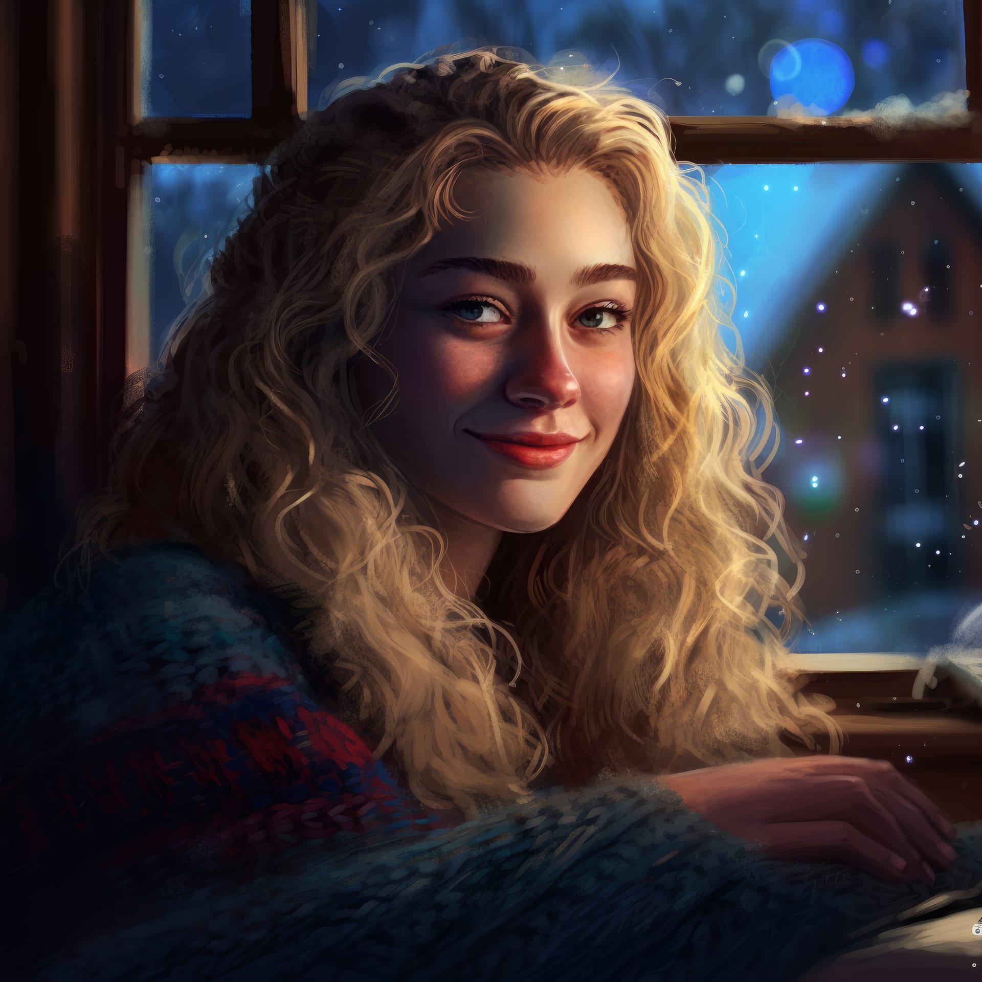 Colorful portrait woman sits window with snow falling