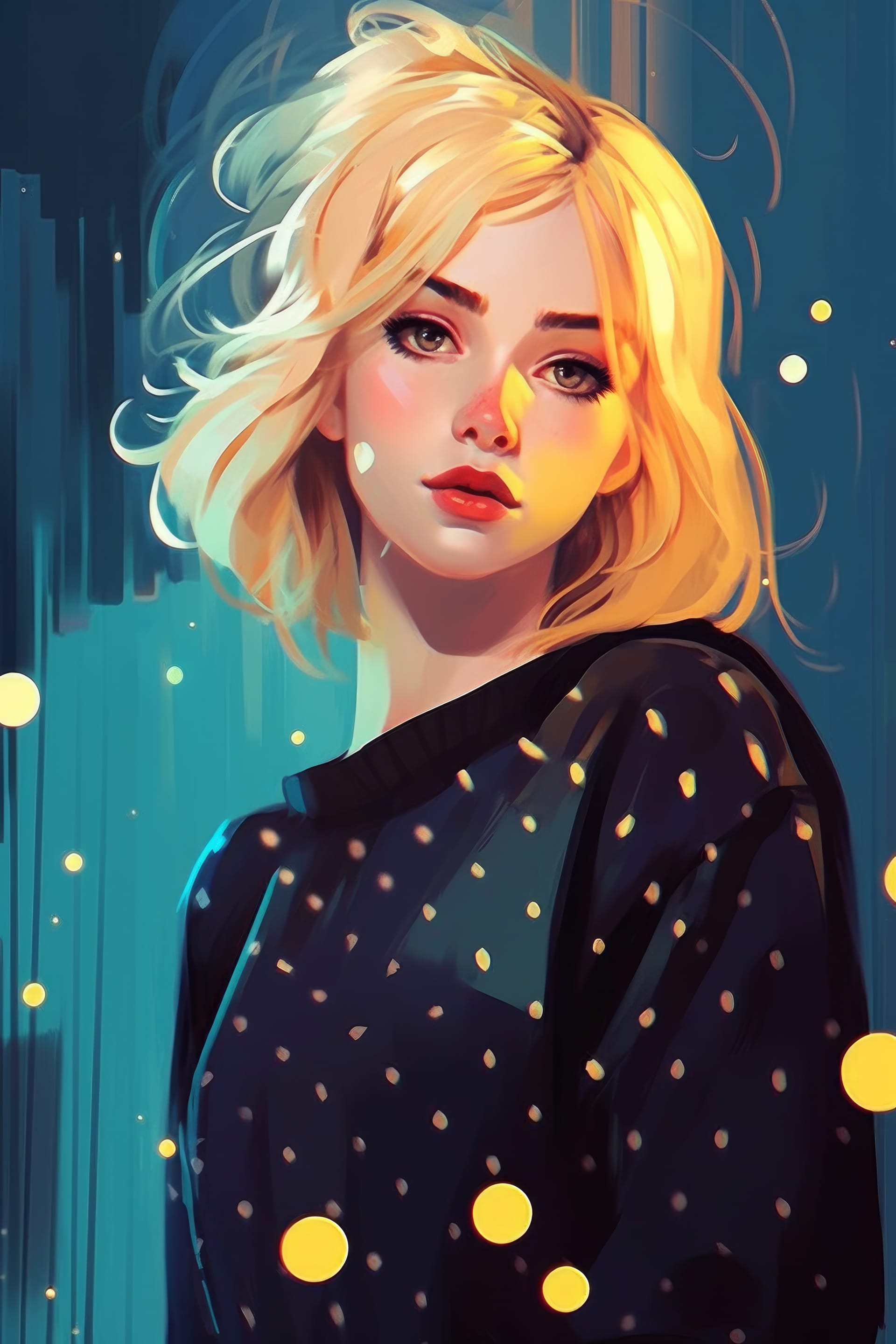 Excellent artwork woman with blonde hair black shirt