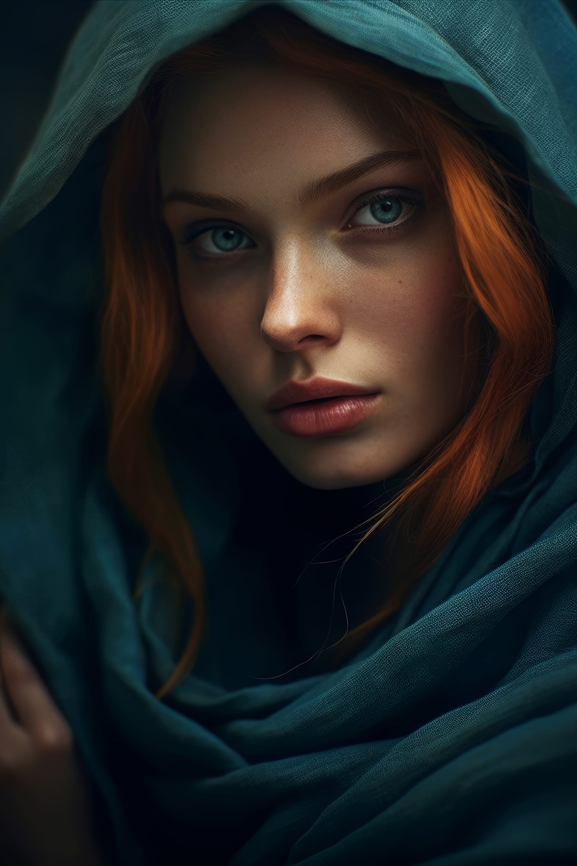 Girl with red hair blue eyes looks into camera