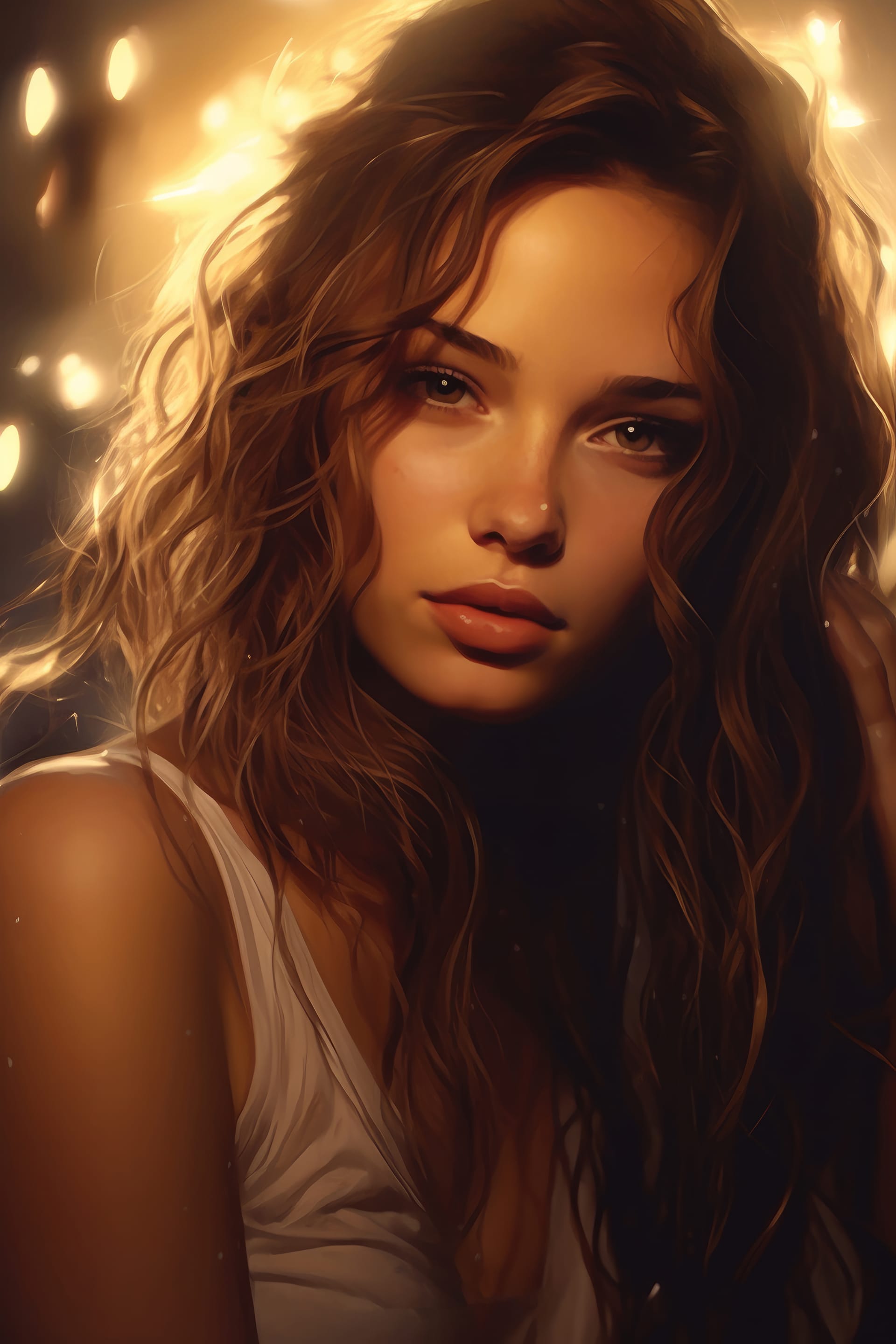 Intriguing portrait woman with long hair white shirt with golden glow