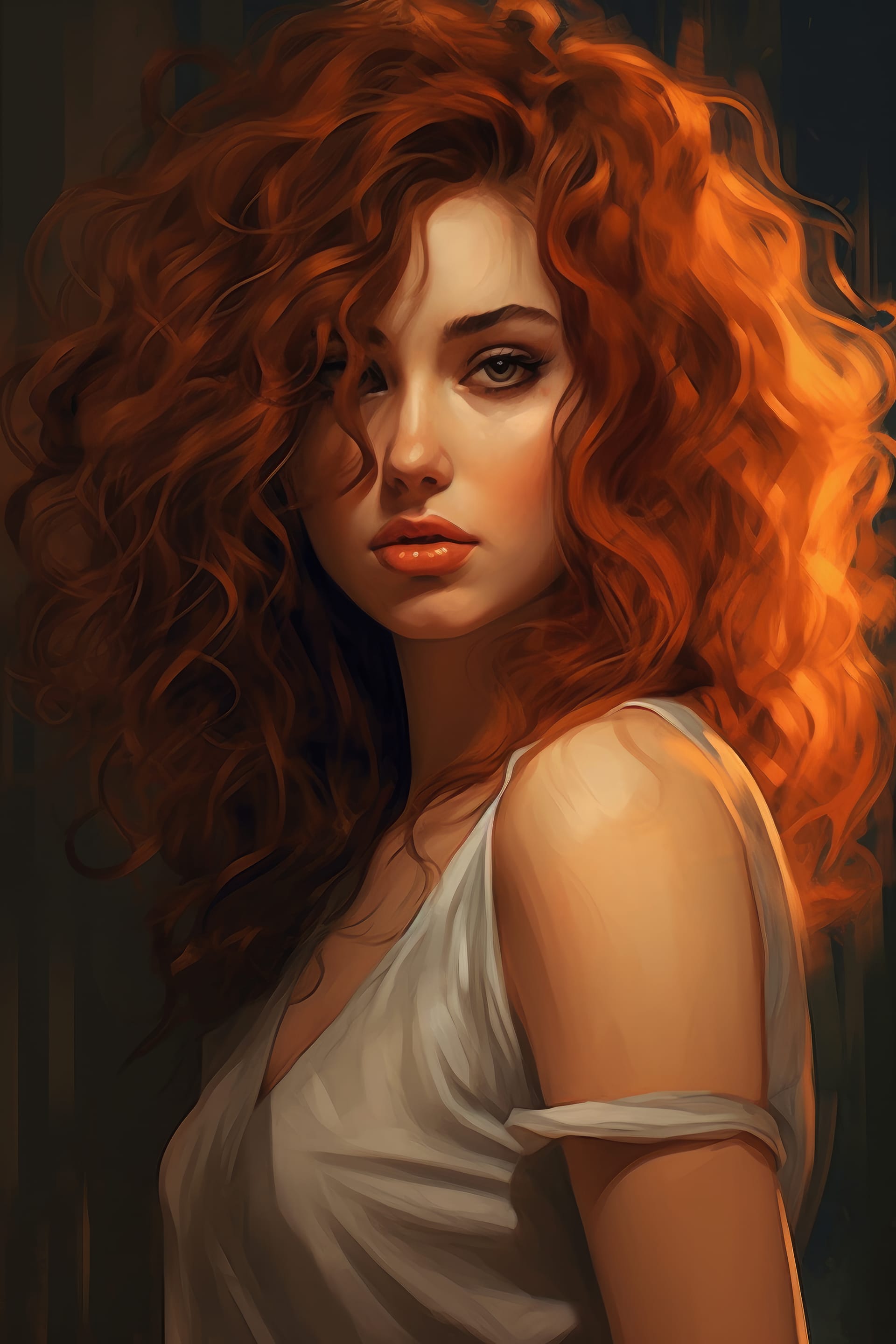 Realistic painting beautiful woman with curly hair