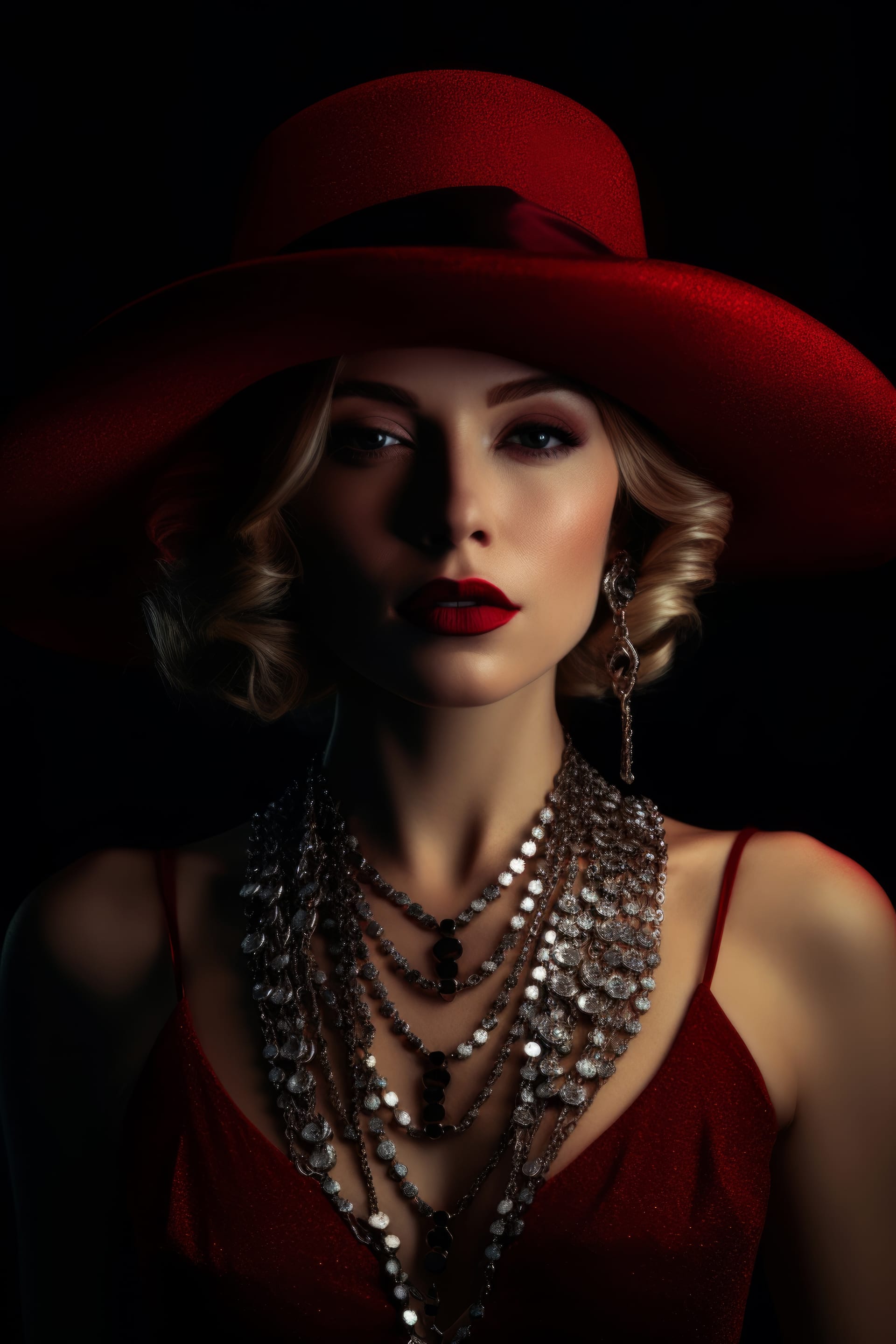 Woman red hat red dress stands front black background