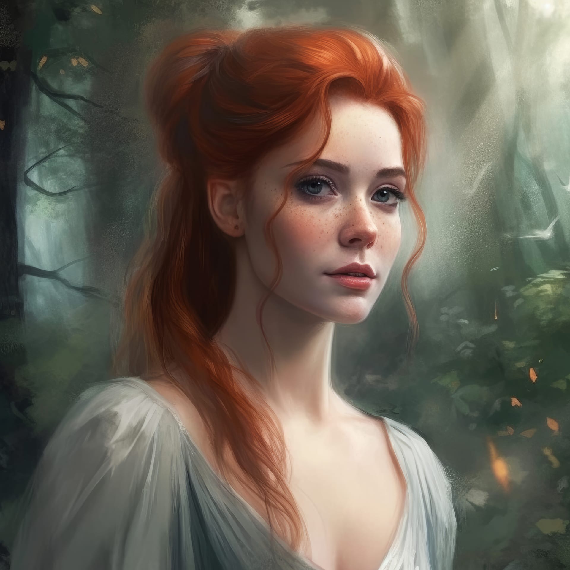 Woman white dress with red hair blue eyes stands forest