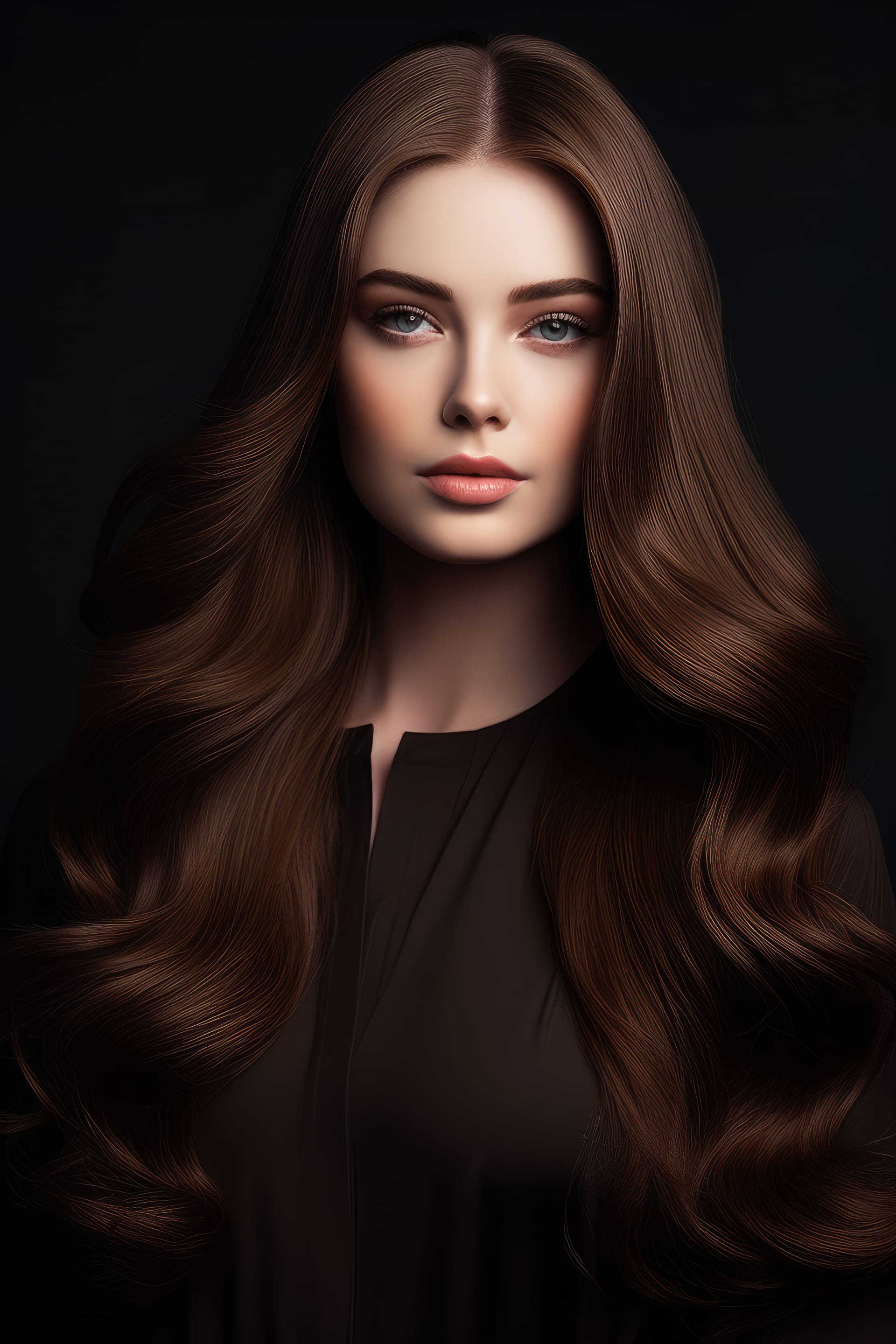Woman with long brown hair blue eyes stands front black background