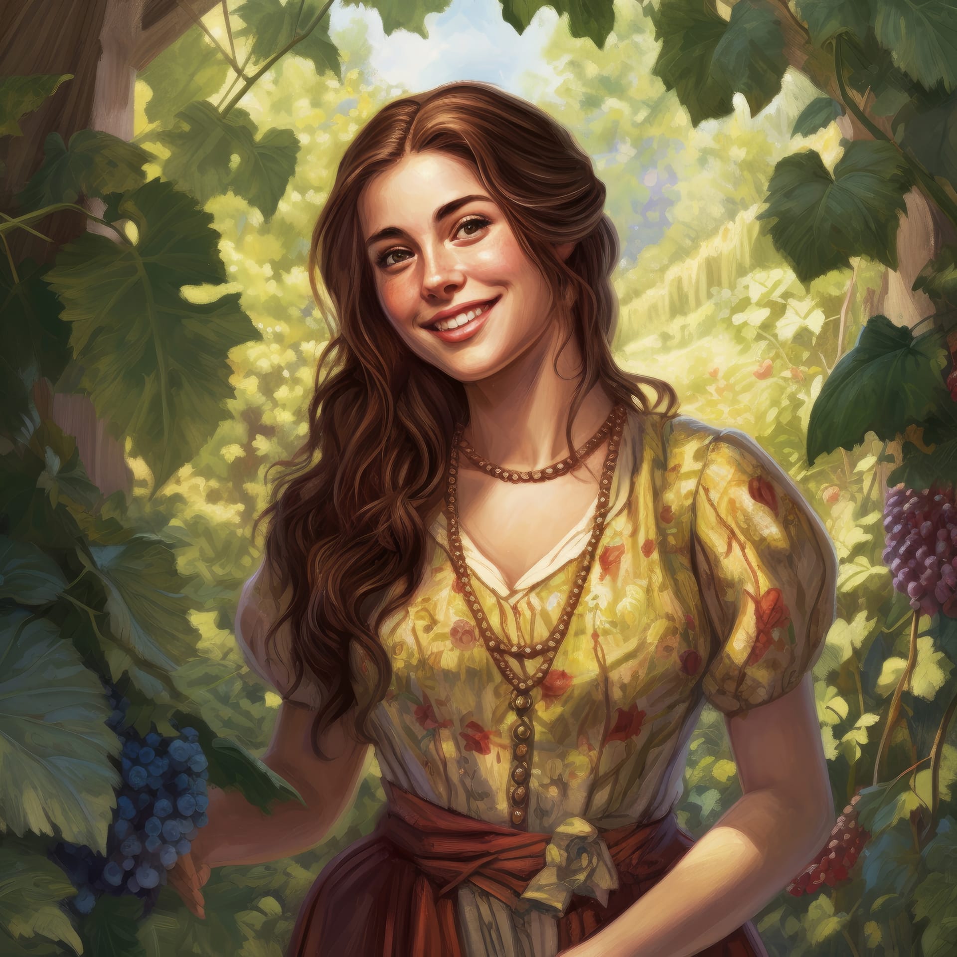 Woman yellow dress stands vineyard with grapes