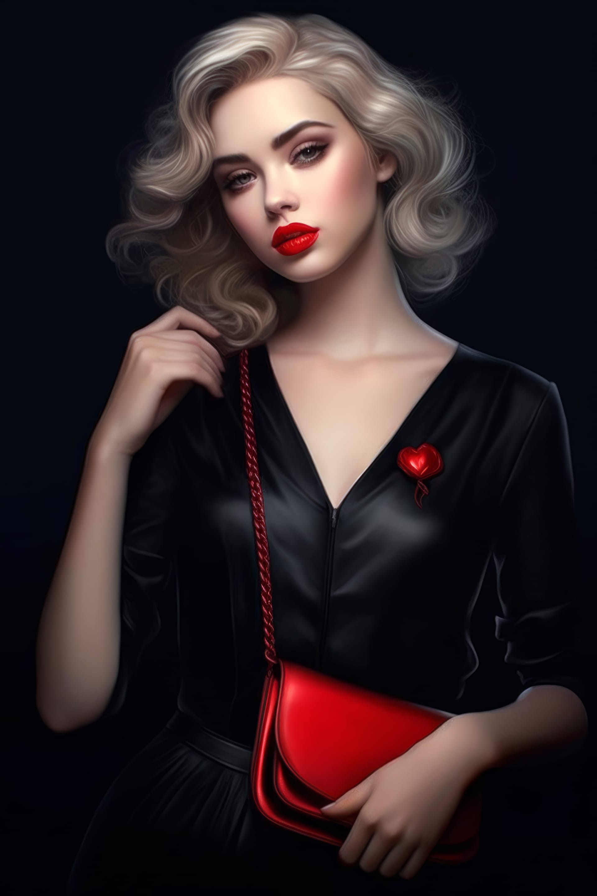 Balanced portraiture woman black dress with red bag