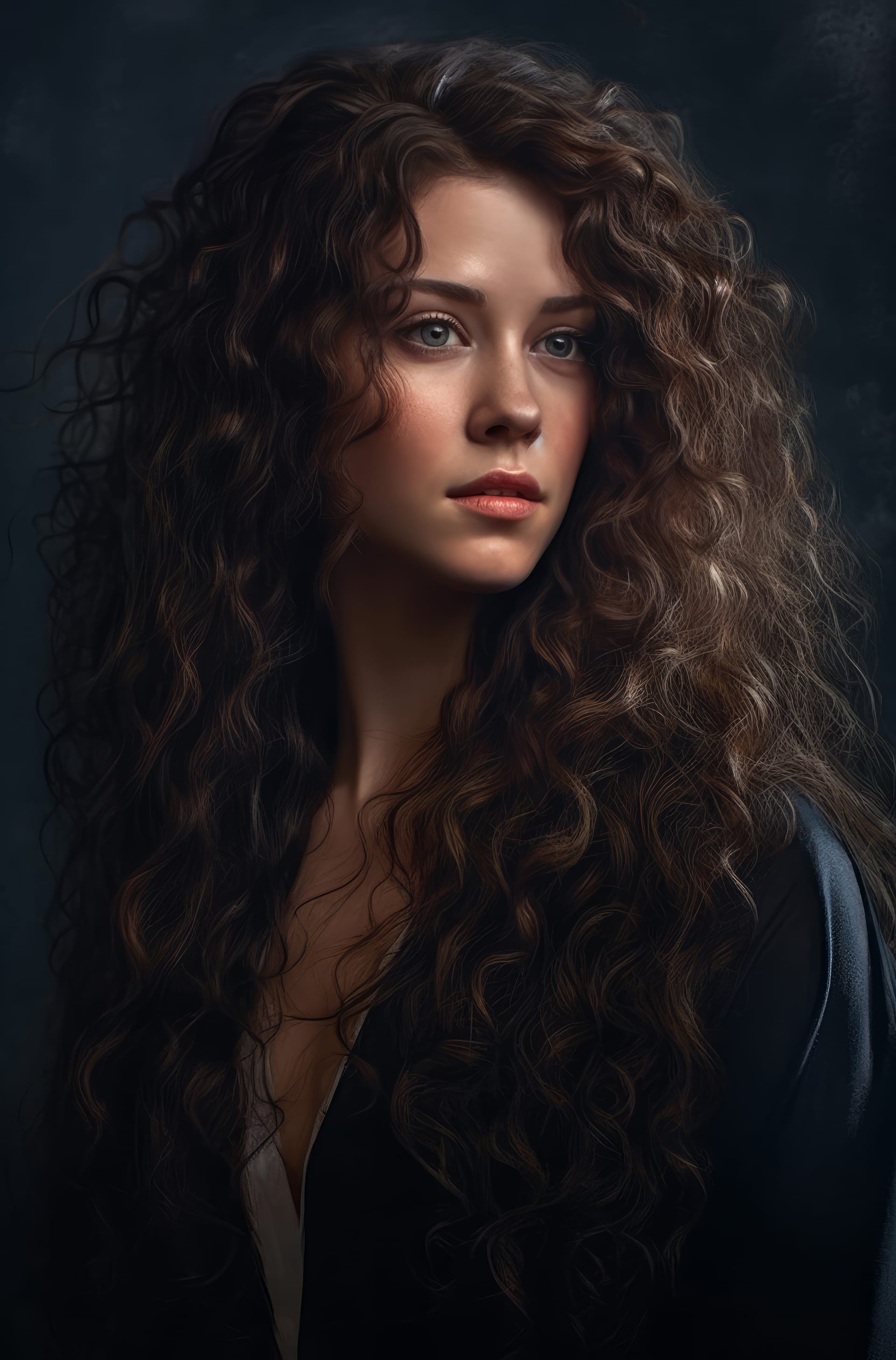 Balanced portraiture woman with long curly hair looks camera