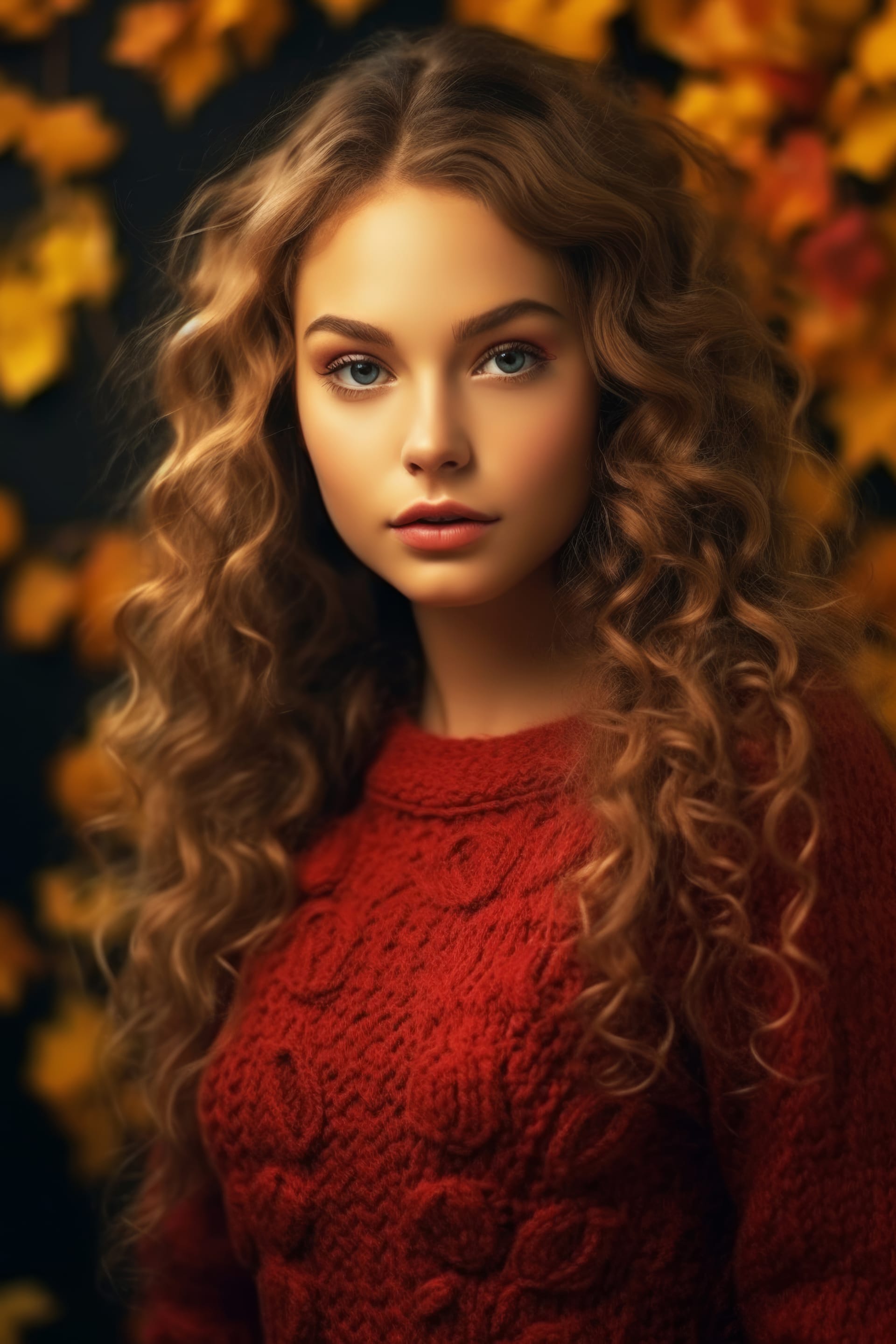 Beautiful young girl with curly hair red sweater