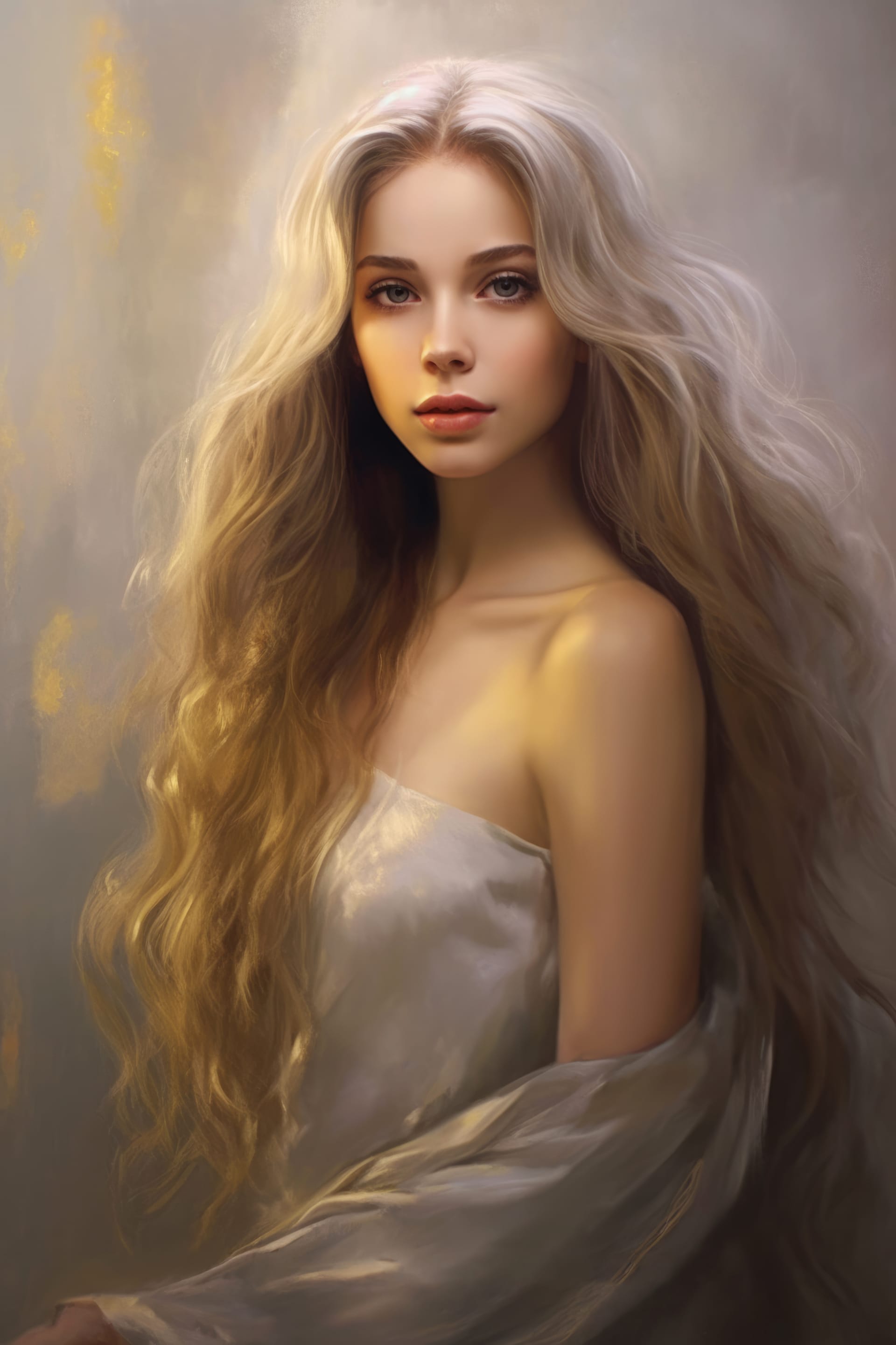 Bright portrait girl with long hair standing