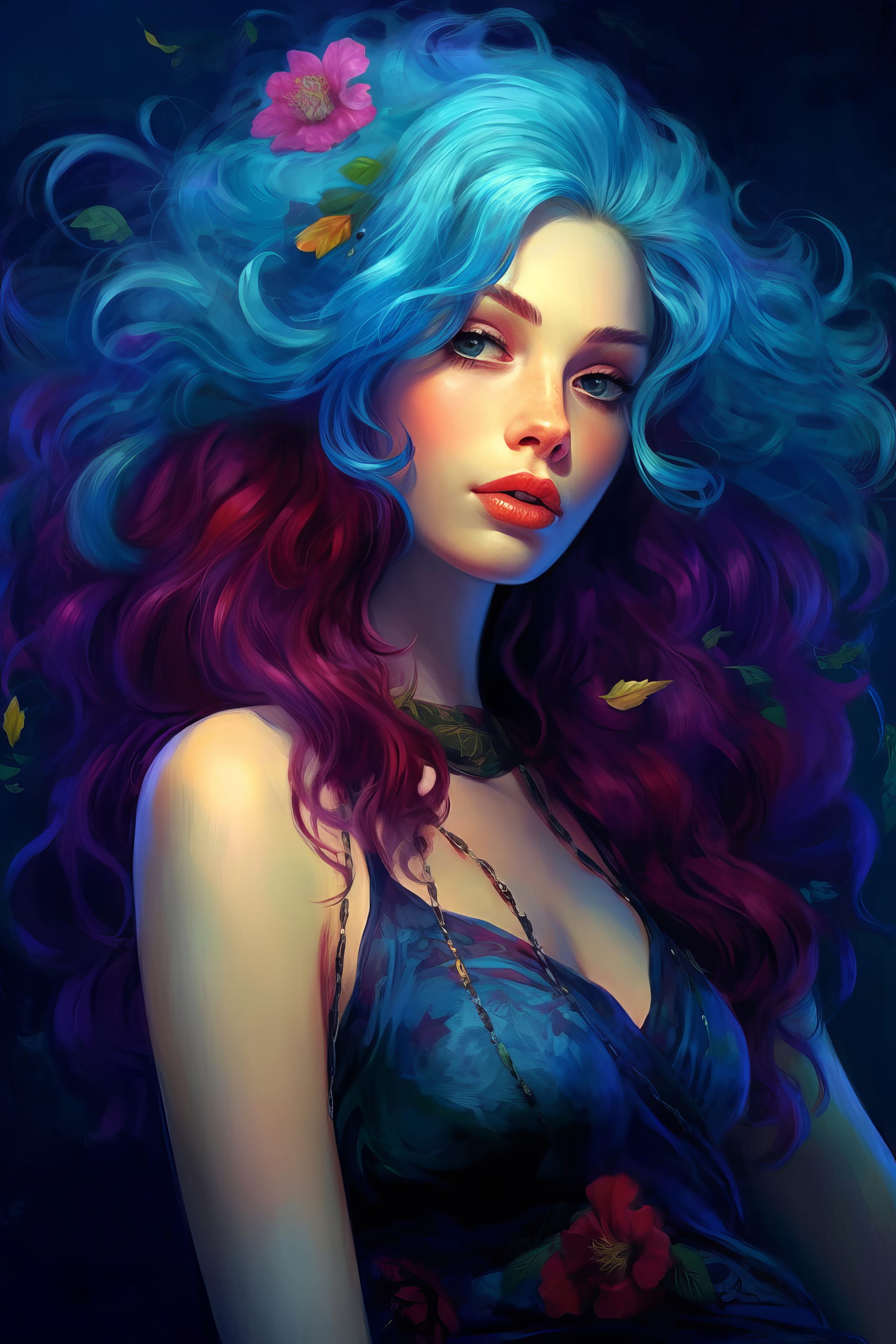 Evocative artwork portraiture woman with blue rainbow hair graceful image