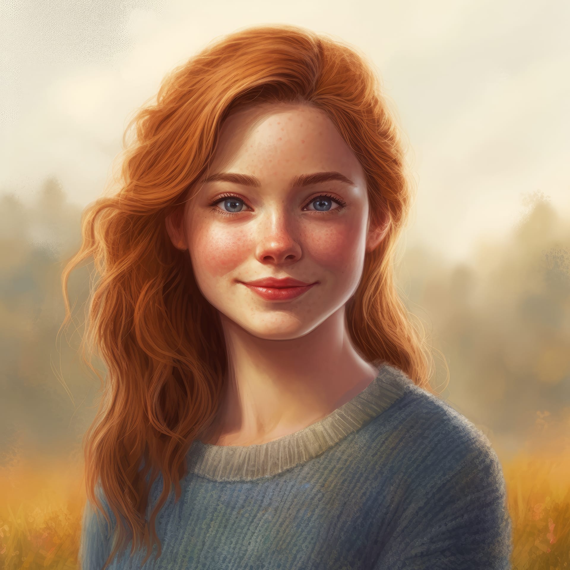 Excellent artwork portrait girl with red hair blue eyes graceful image