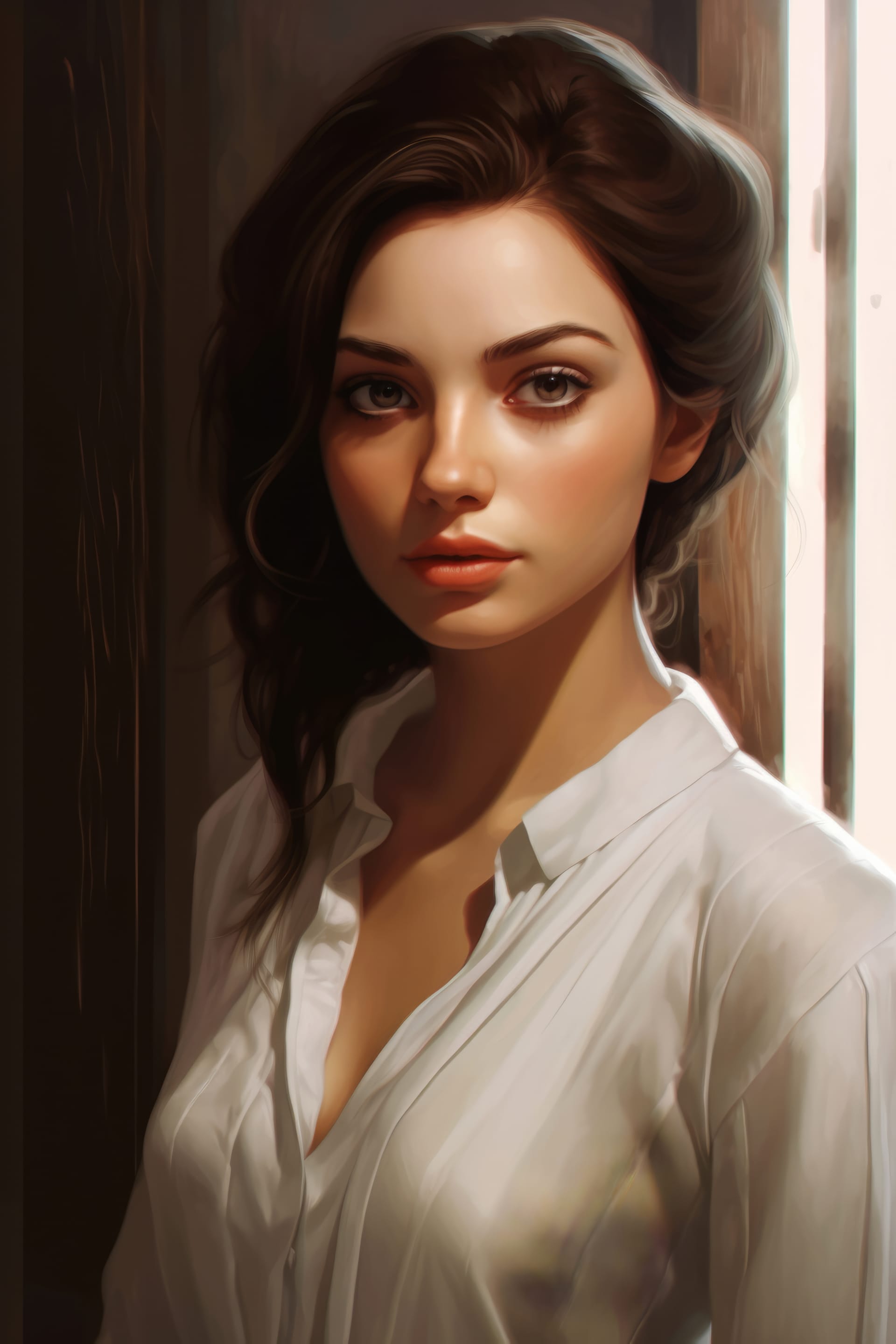 Excellent artwork woman with brown hair white dress