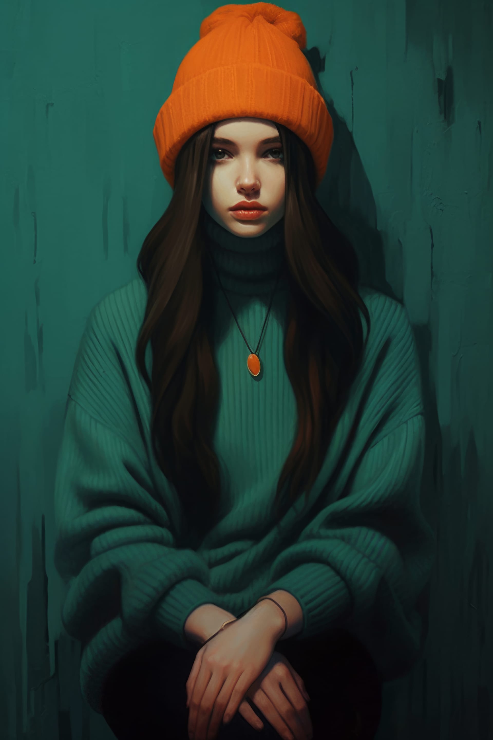 Girl with long brown hair green sweater sits front green wall