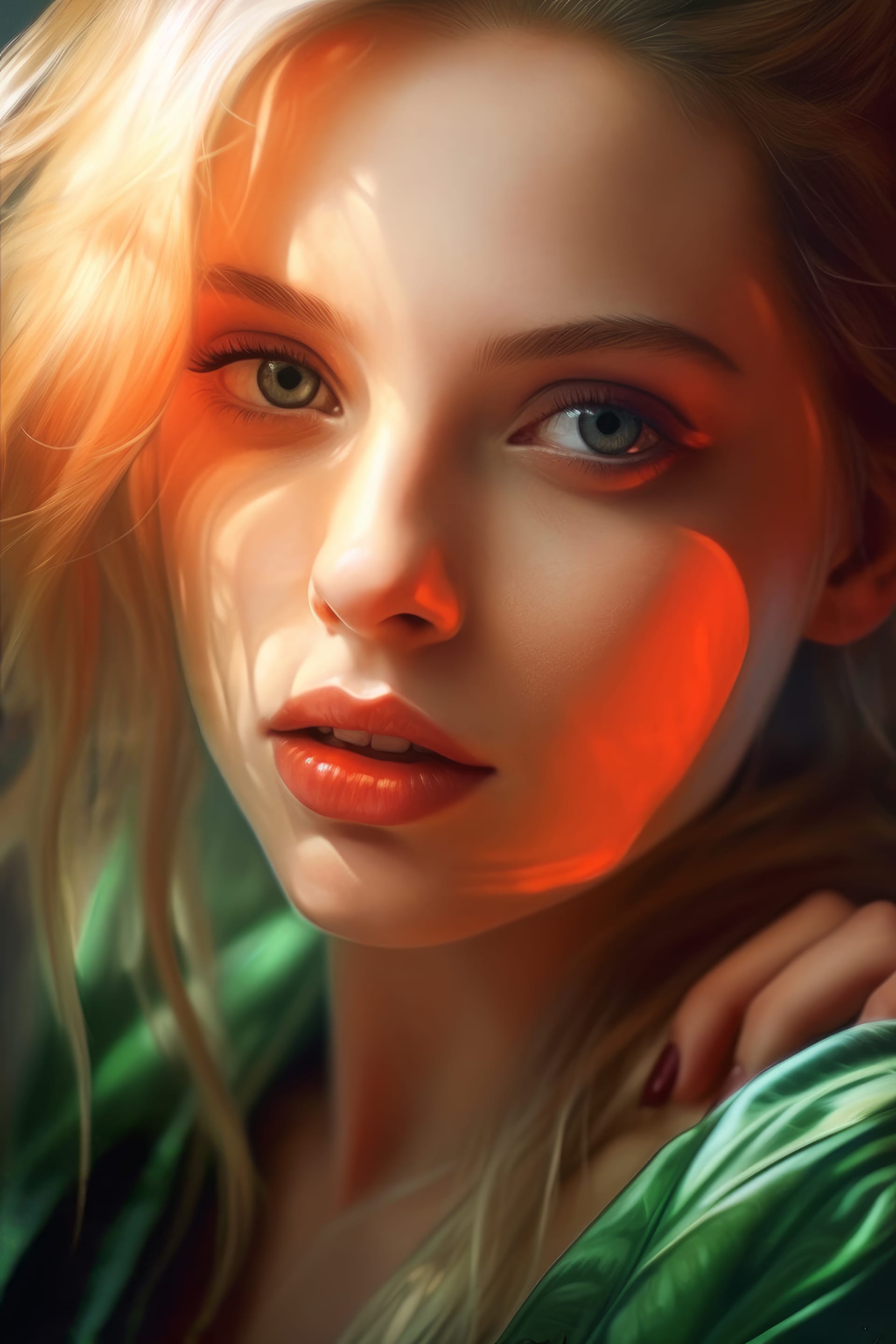 Painting young woman with green eyes