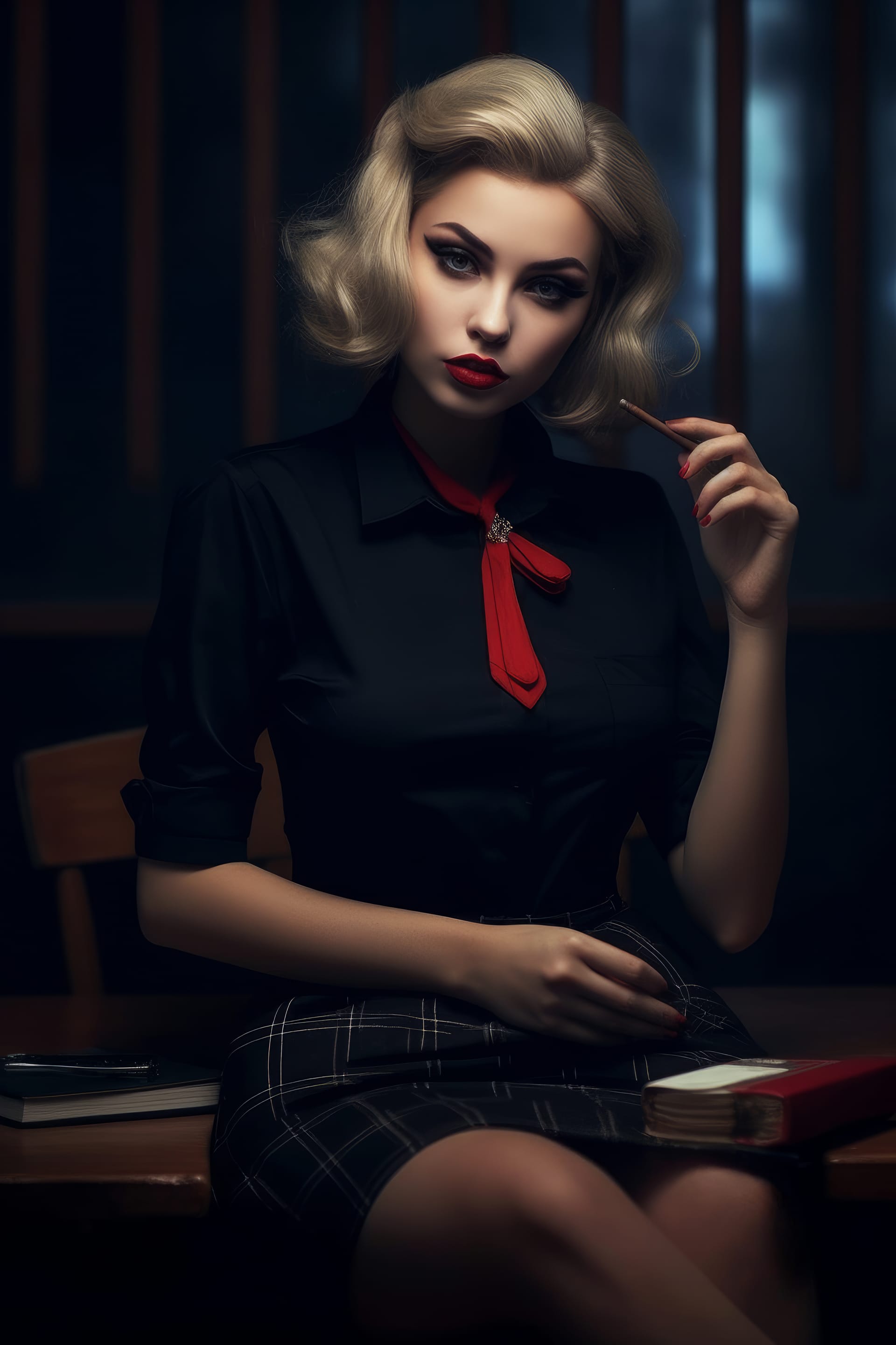 Woman black shirt red tie evocative artwork portraiture