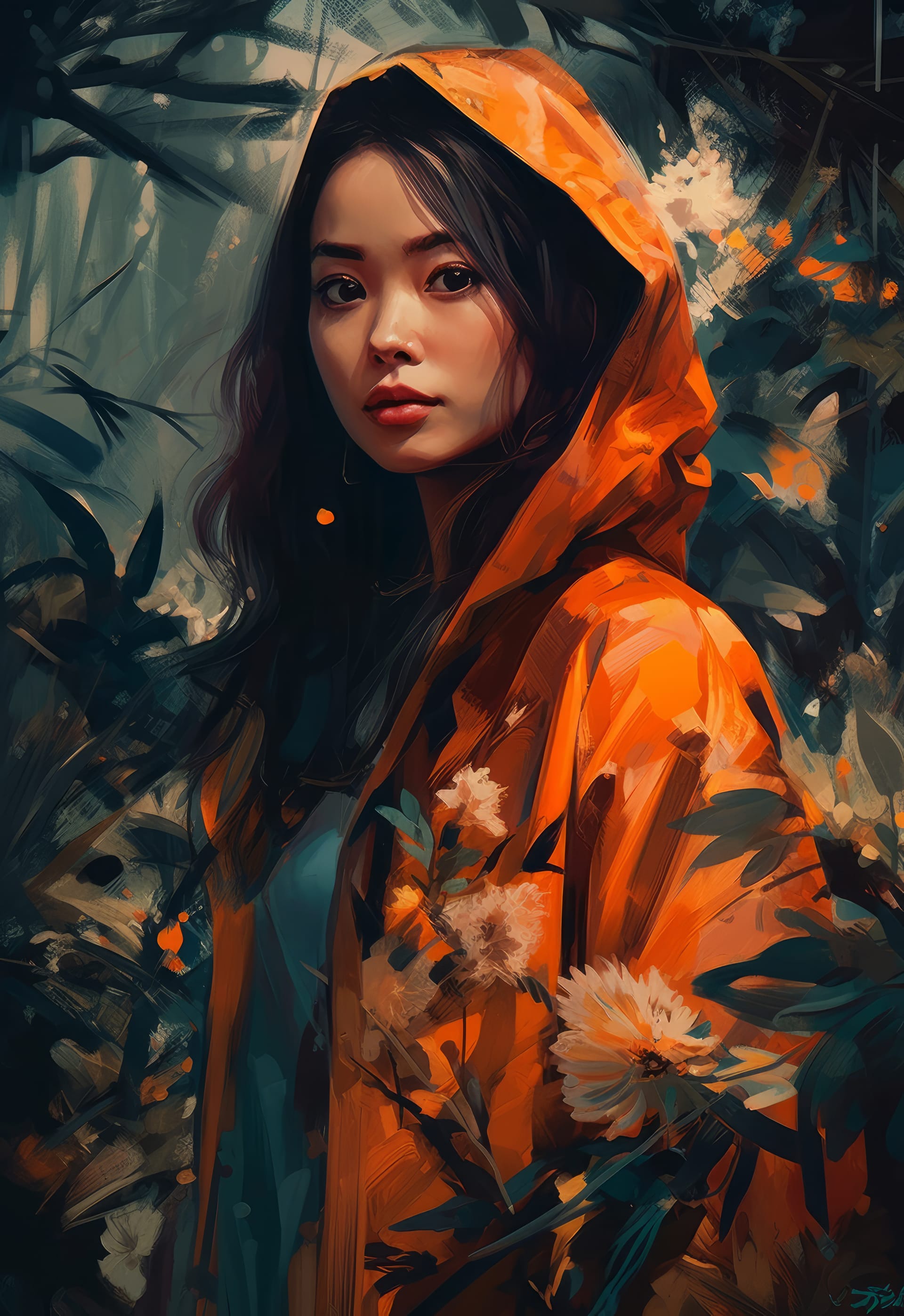 Woman red raincoat with flowers her hood