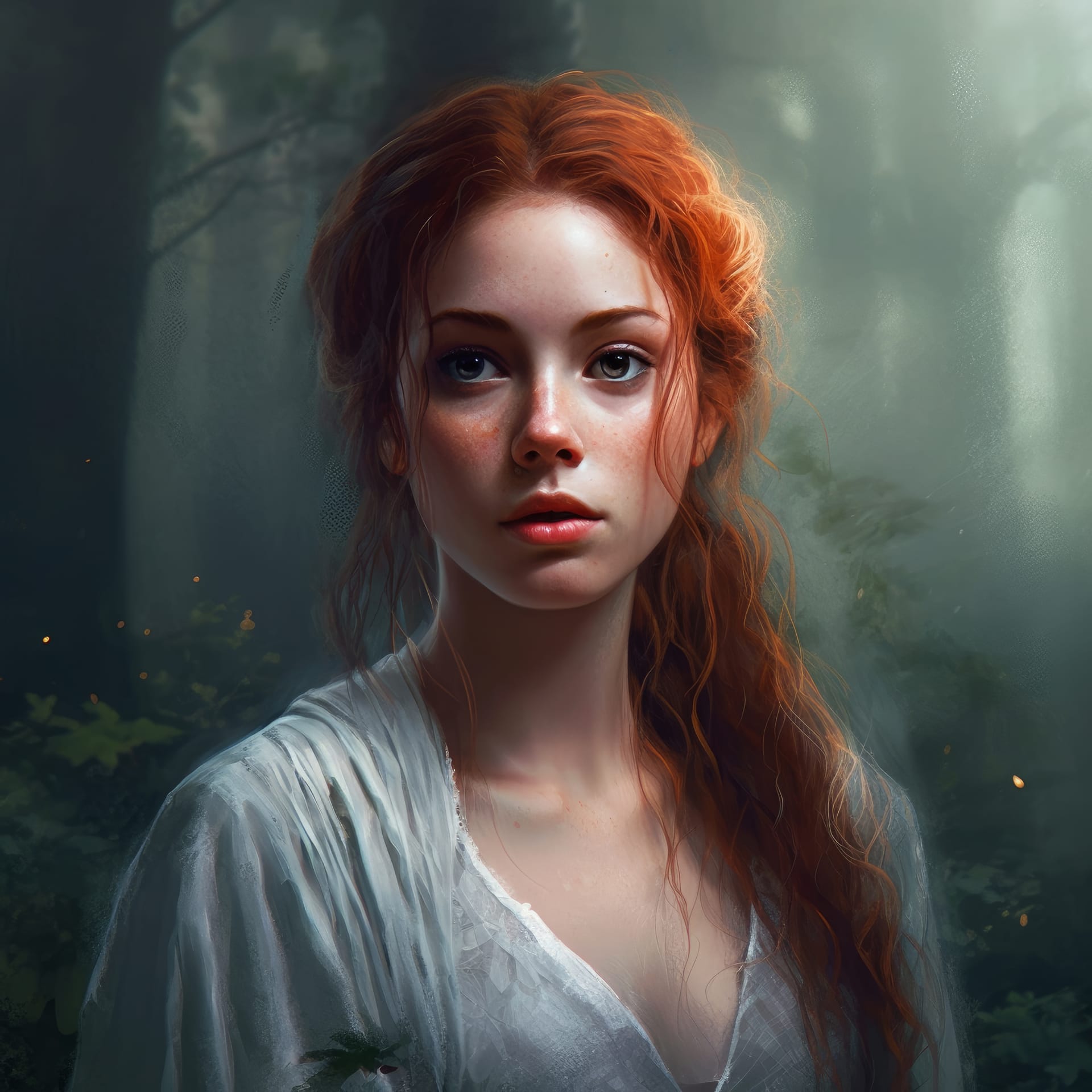 Woman with red hair white shirt is standing forest