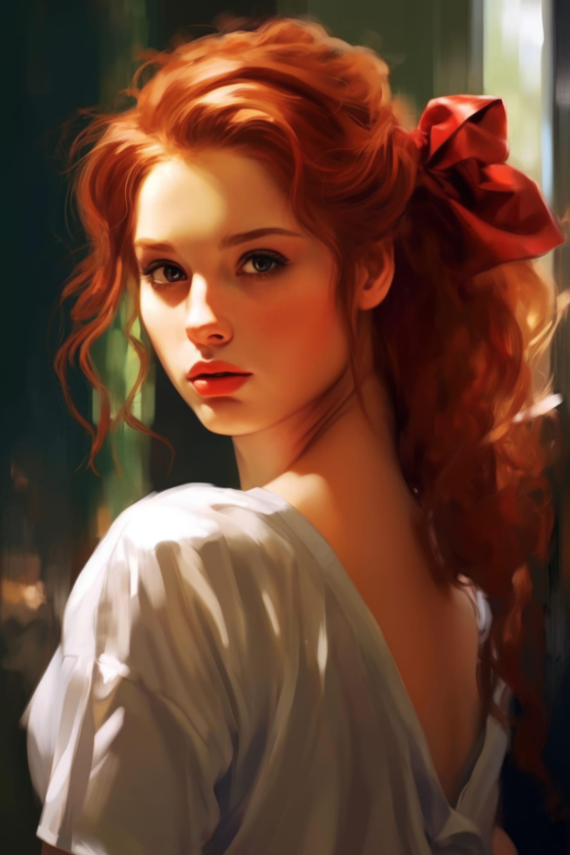 Young girl with white shirt red hair
