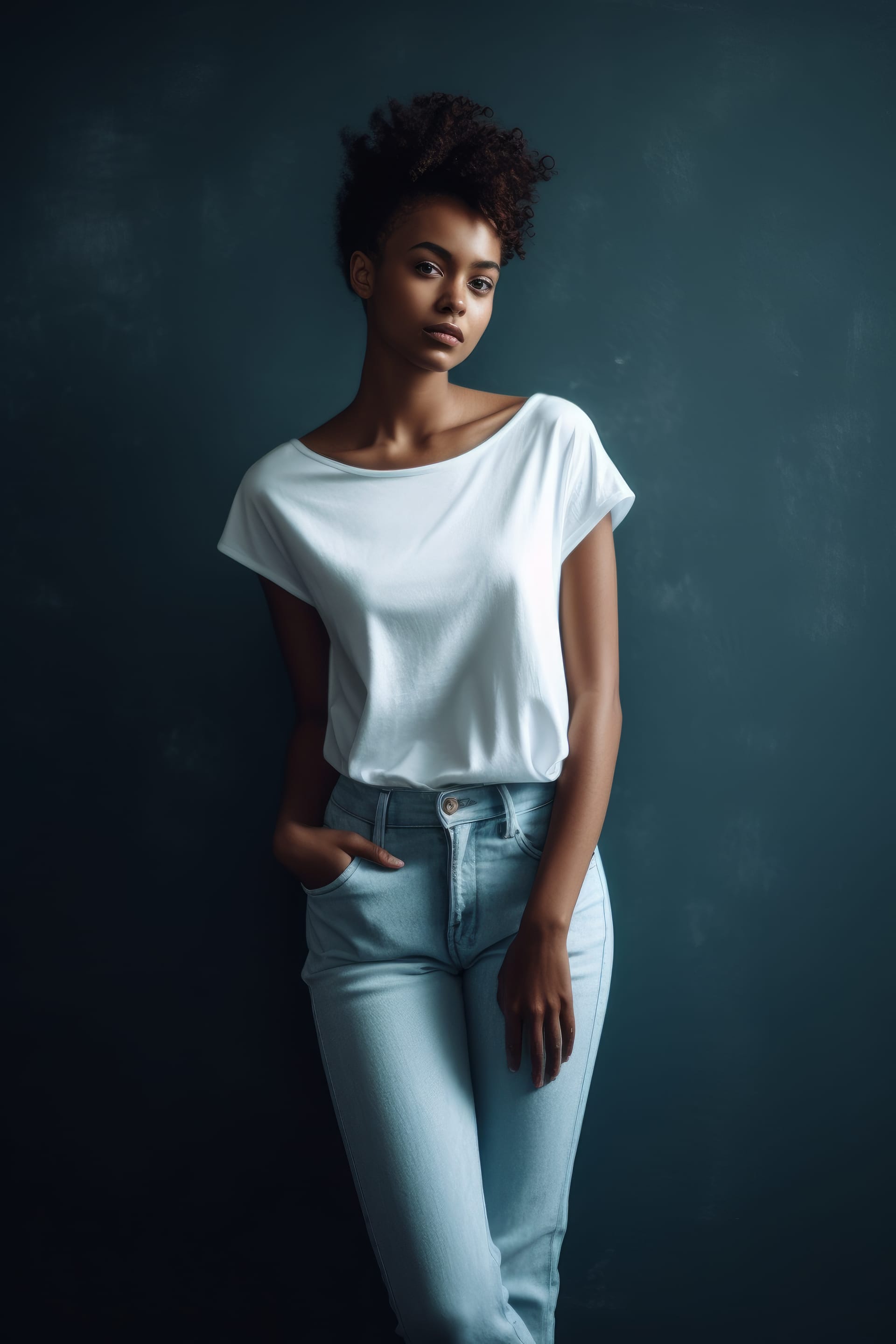 Young woman white shirt jeans stands against dark wall