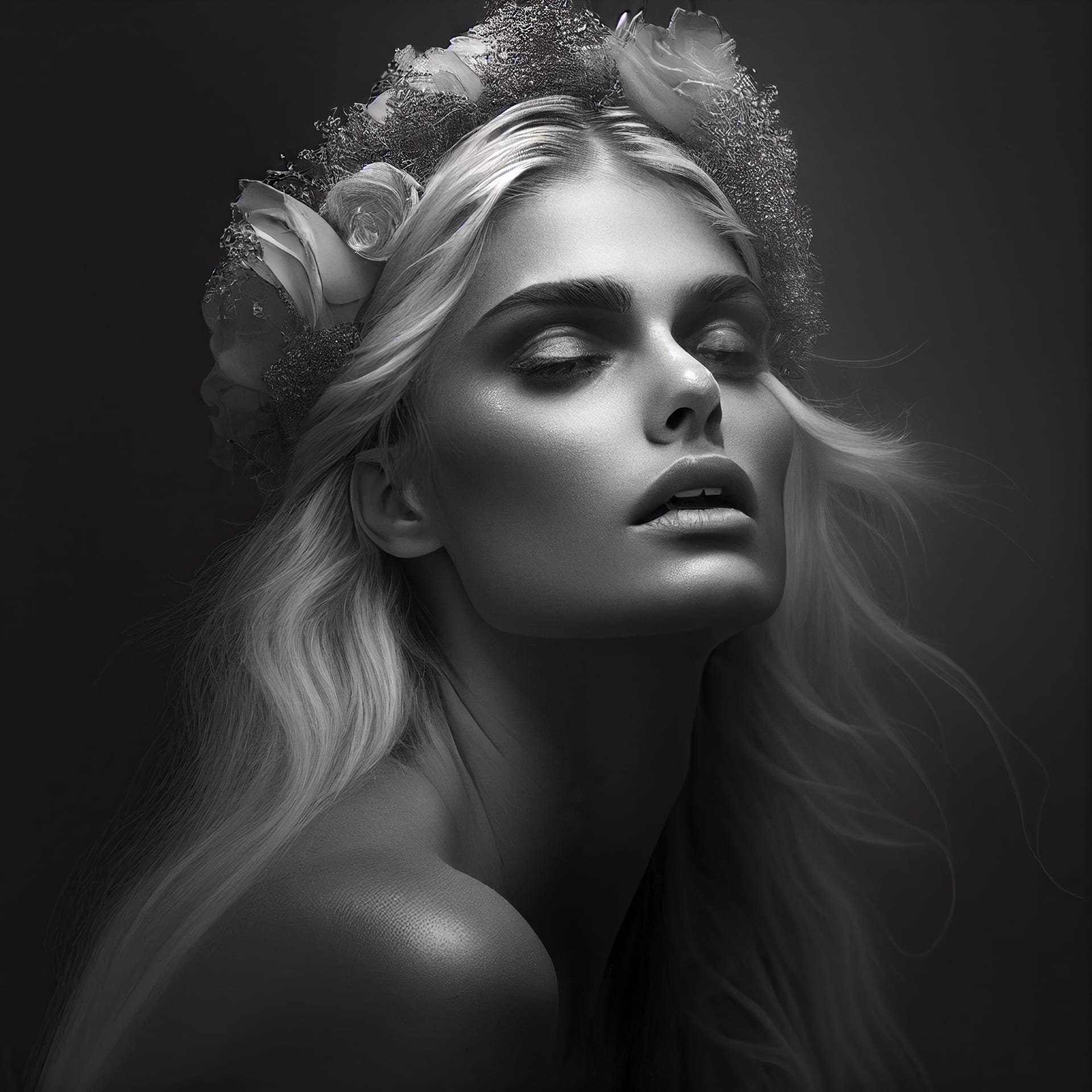 Black white portrait fashion model with her eyes closed generative