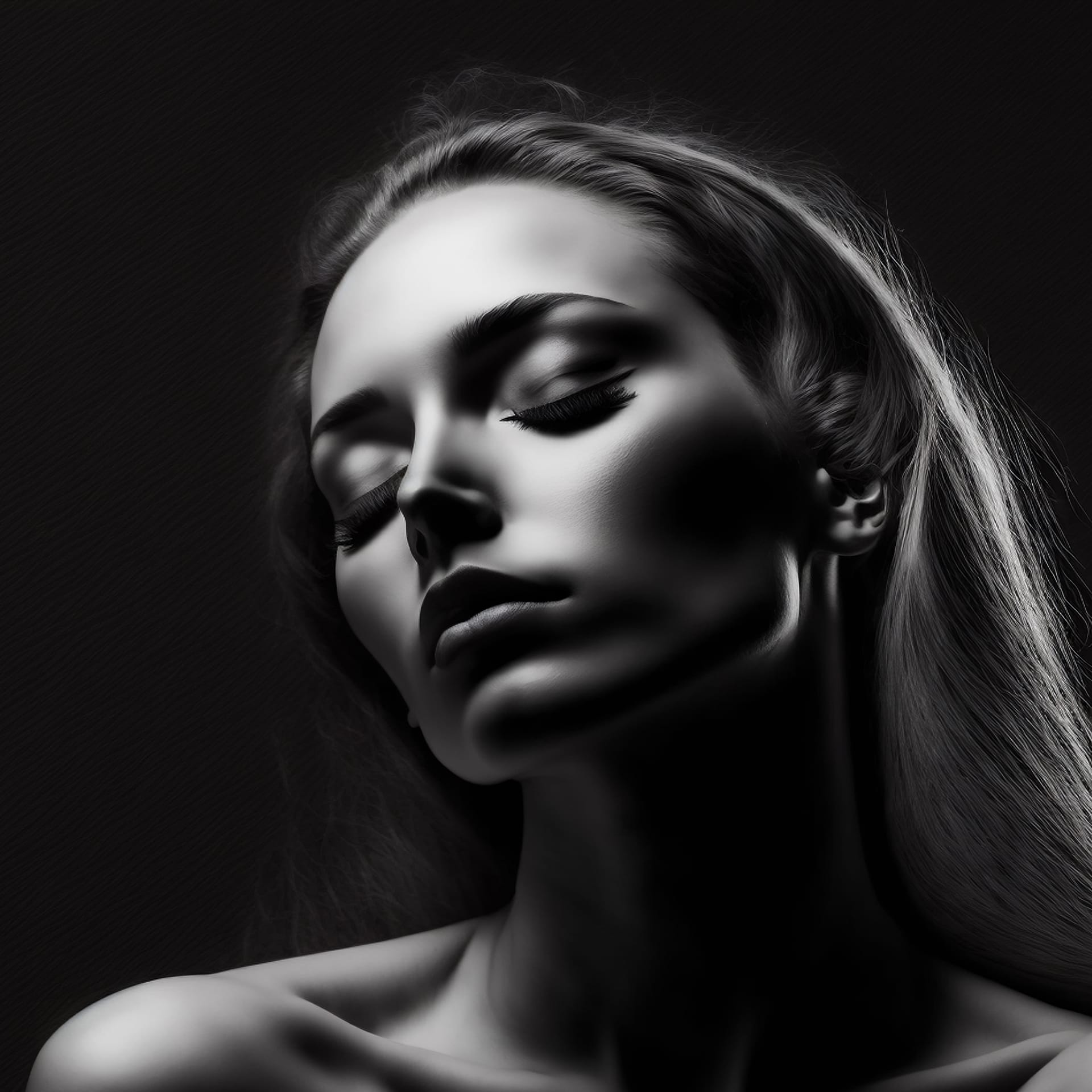 Digital painting beautiful topless woman with closed eyes black background