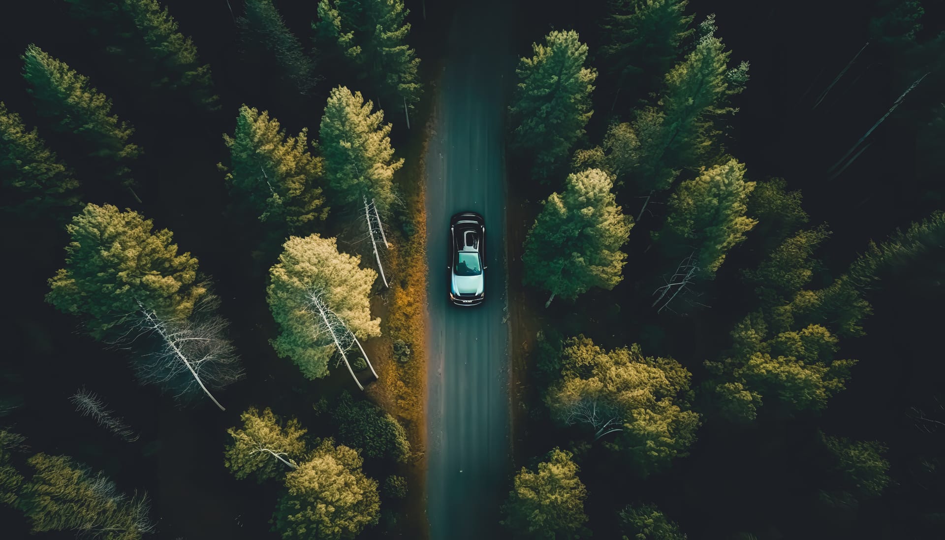 Car rides road among forest top view