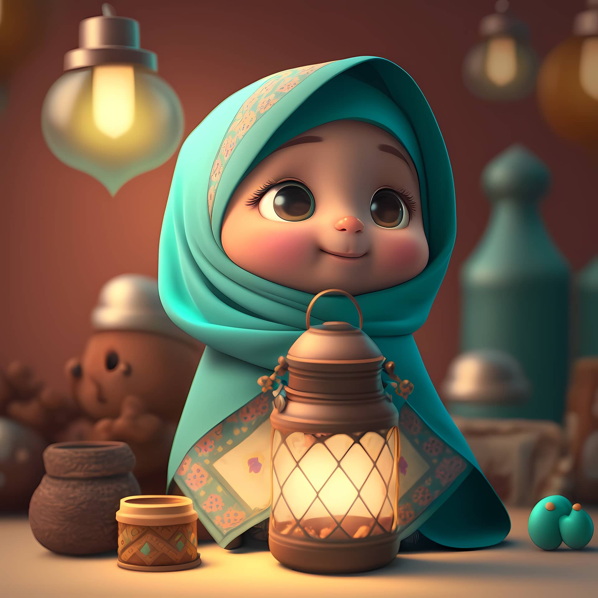 Adorable cute muslim children cartoon character 3d rendering