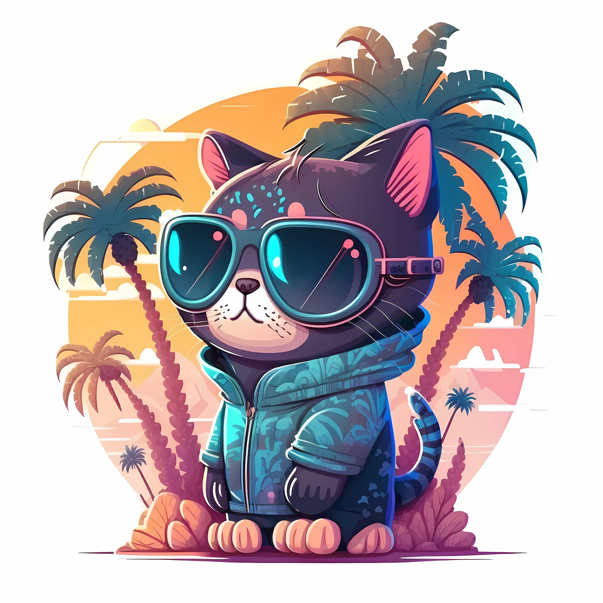 Background cat wearing sunglasses with beach palm trees fine image