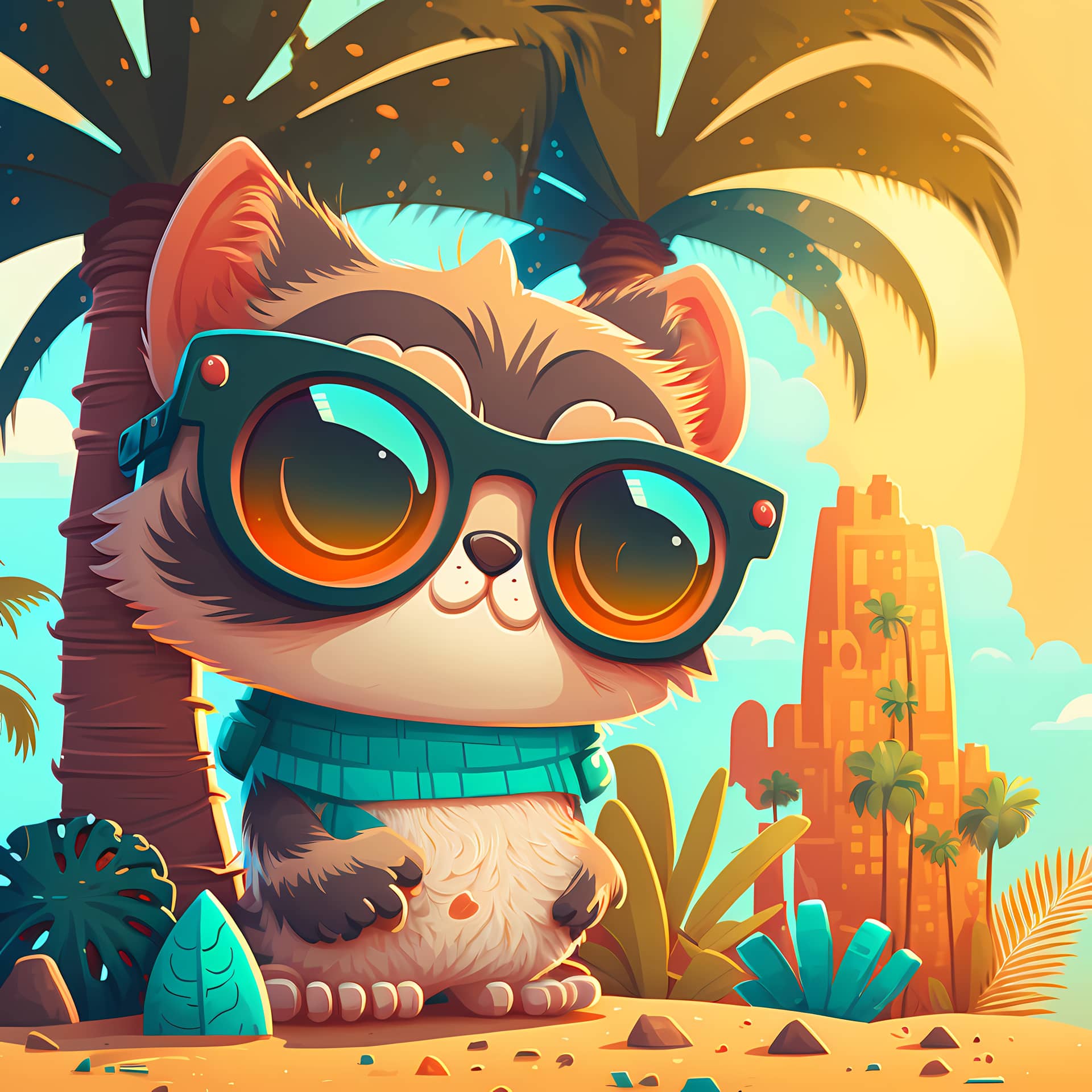 Background cat wearing sunglasses with beach palm trees fine picture