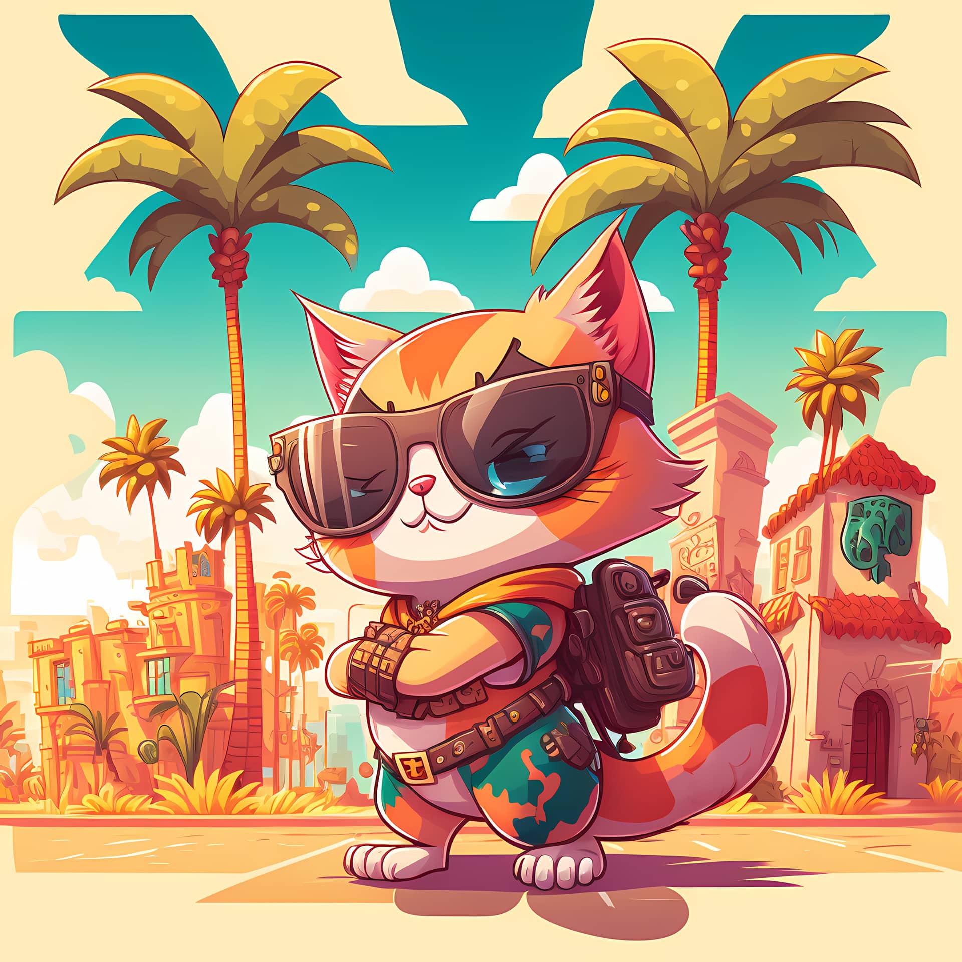 Background cat wearing sunglasses with beach palm trees nice image
