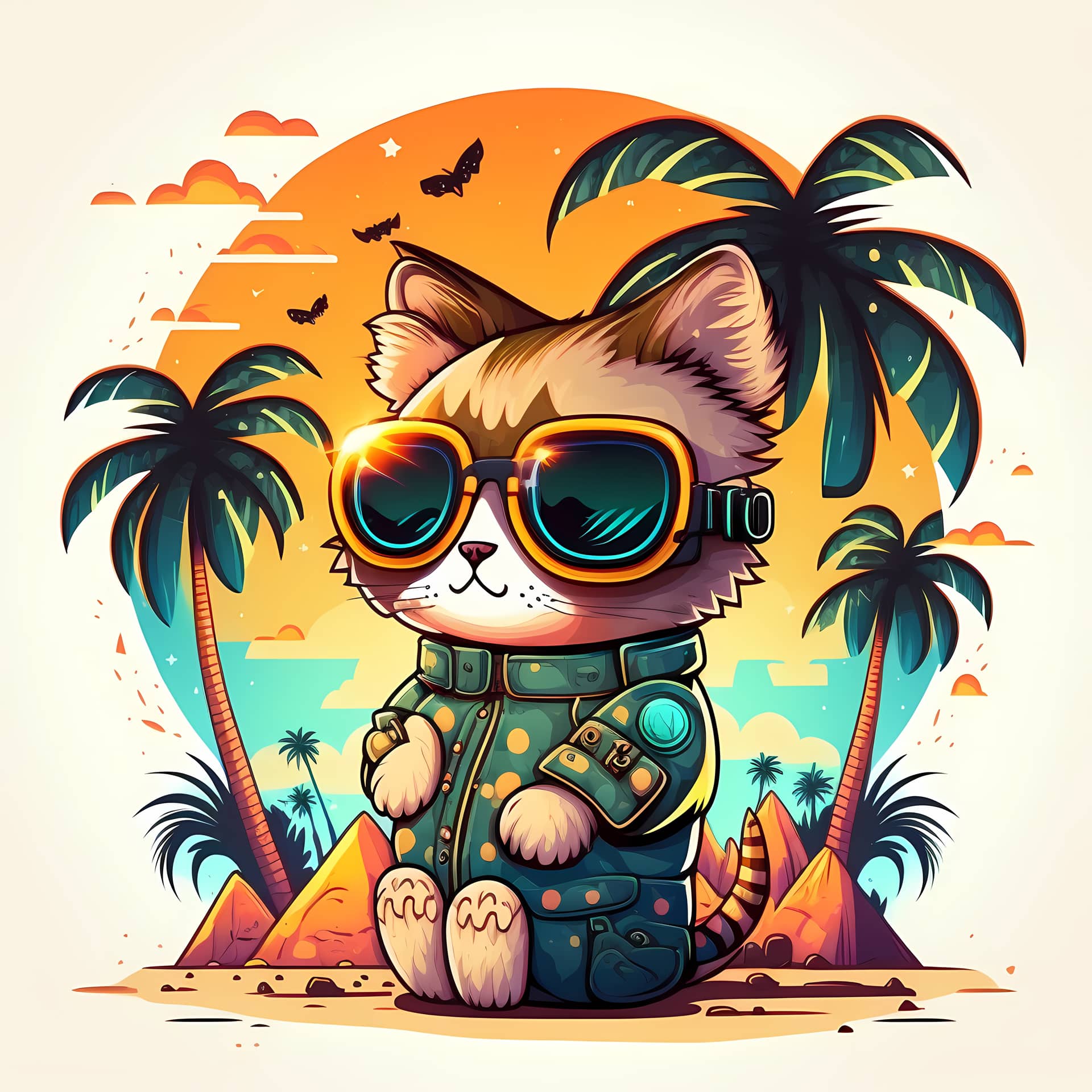 Background cat wearing sunglasses with beach palm trees nice picture