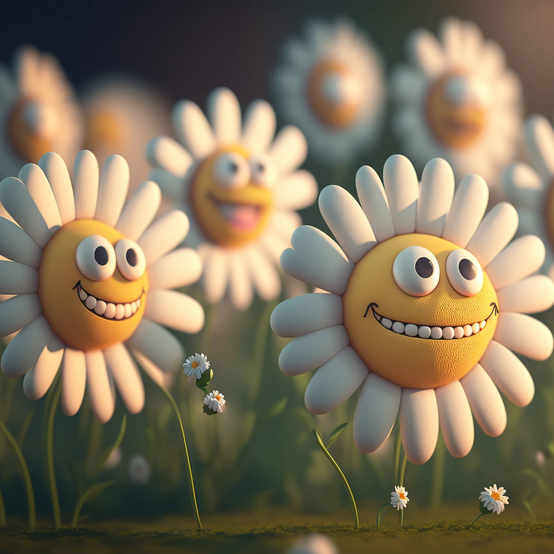Daisy flowers with cartoon funny smiling faces