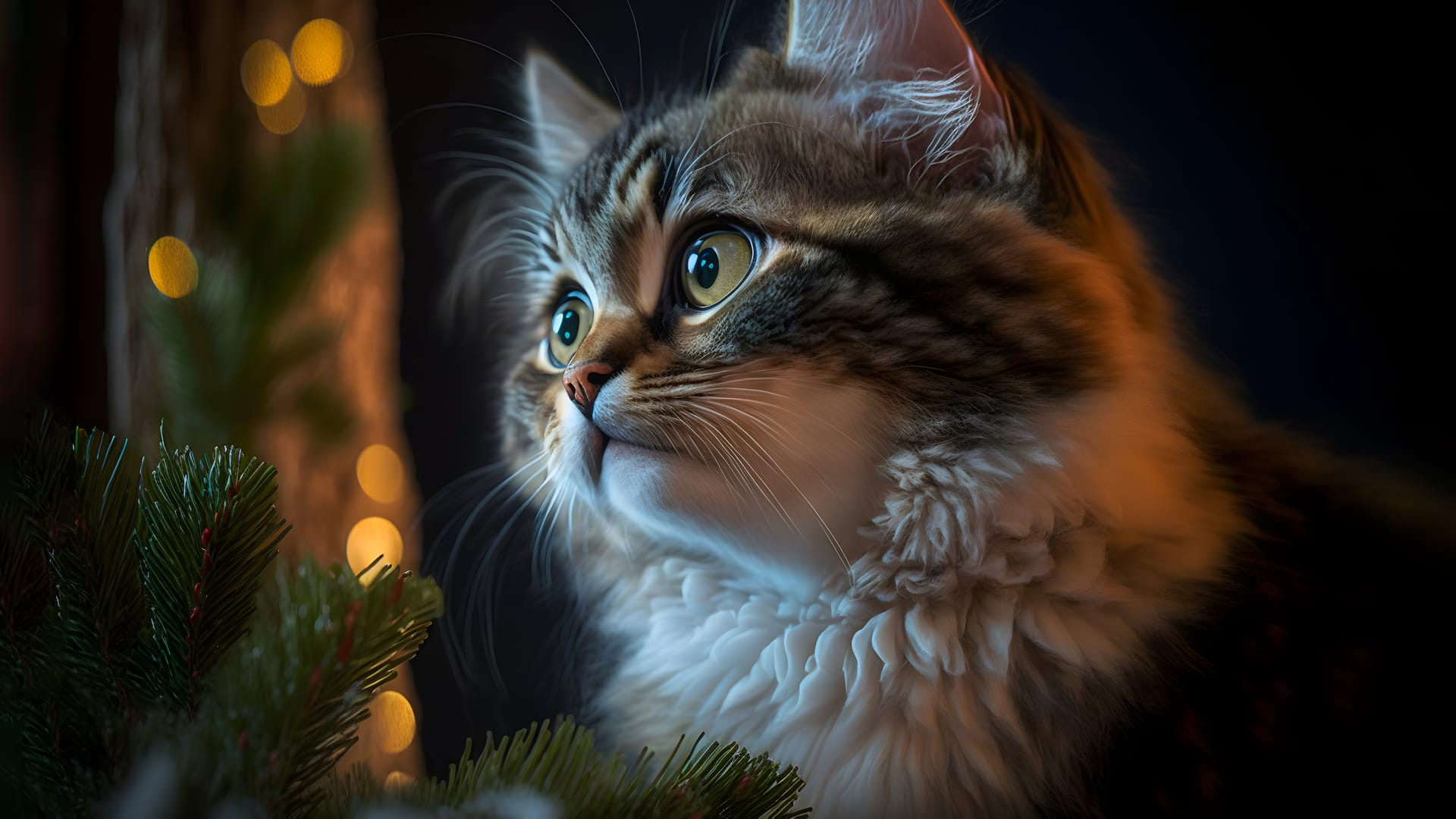 Cat profile picturecute tabby kitten looking christmas tree art