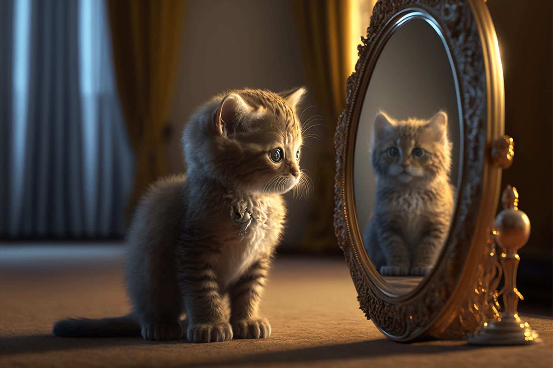 Kitten looking round mirror table male lion inside mirror