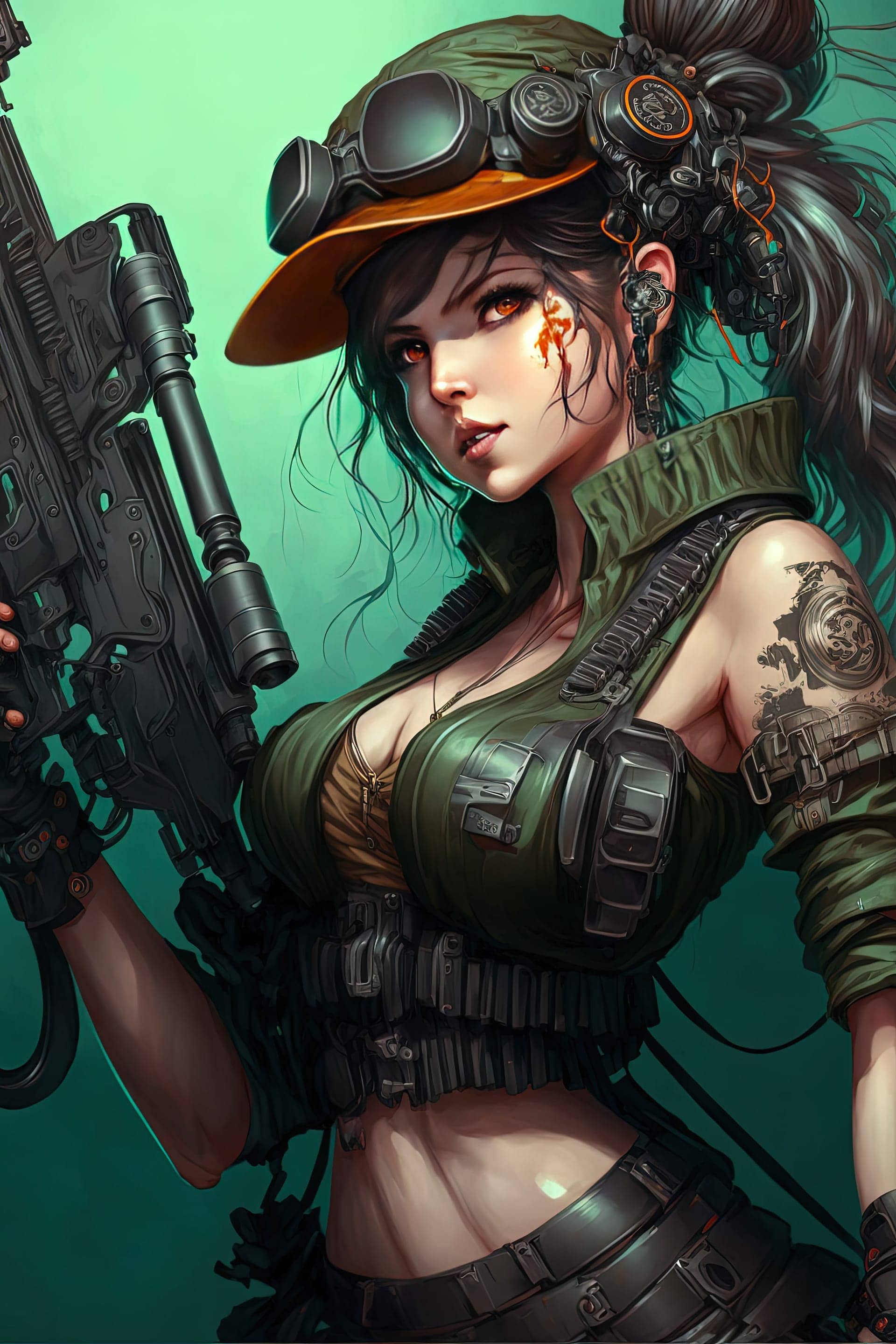 Beautiful woman cyberpunk space hunter with big gun army gear