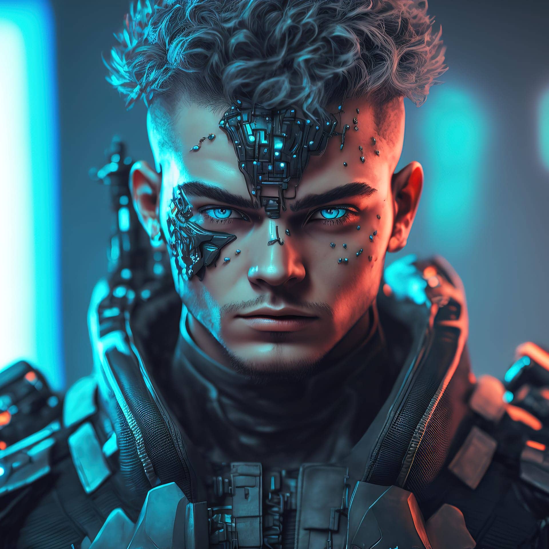 Cyberpunk space hunter with big gun army gear excellent picture