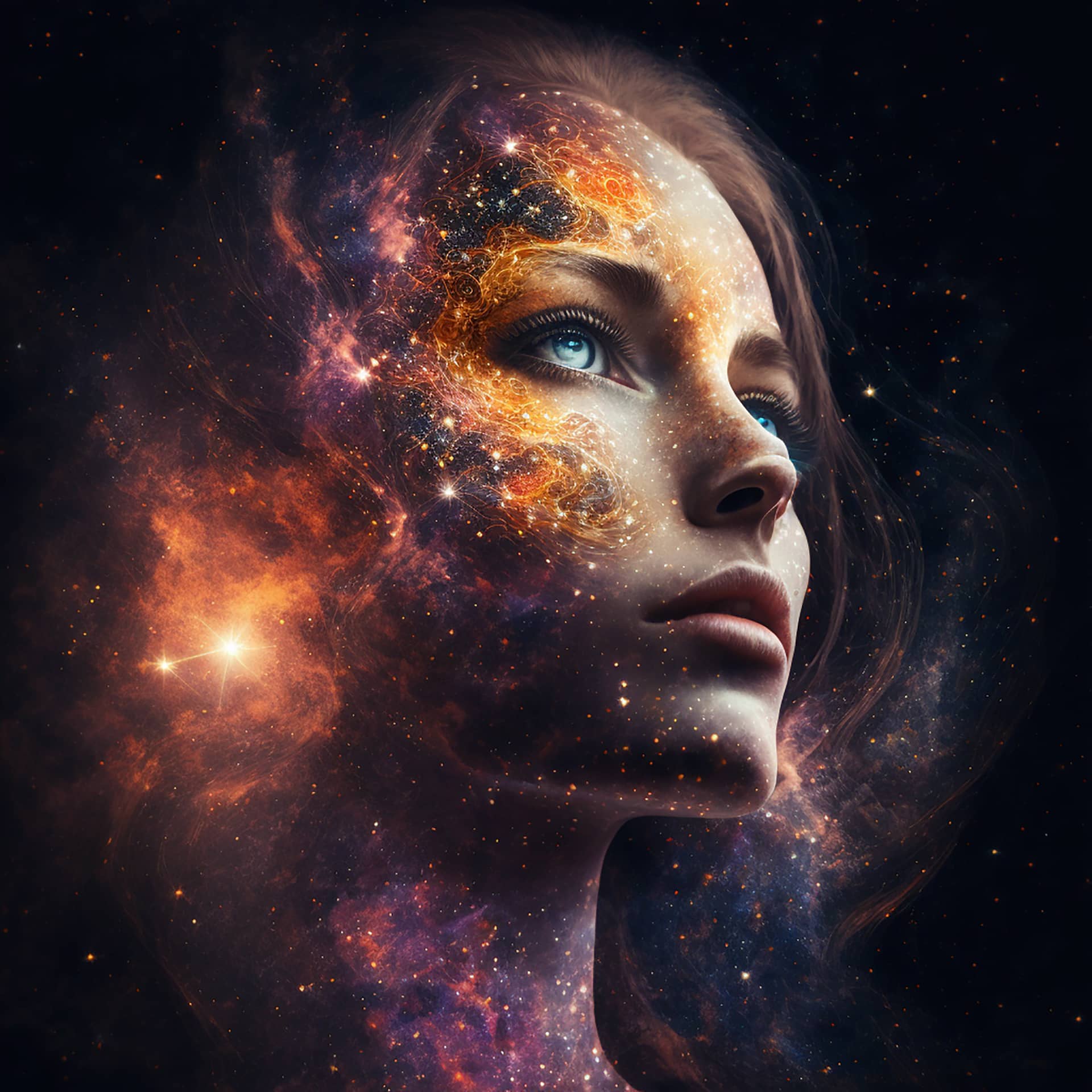 Art young galaxy nebula woman colorful beautiful 3d render image