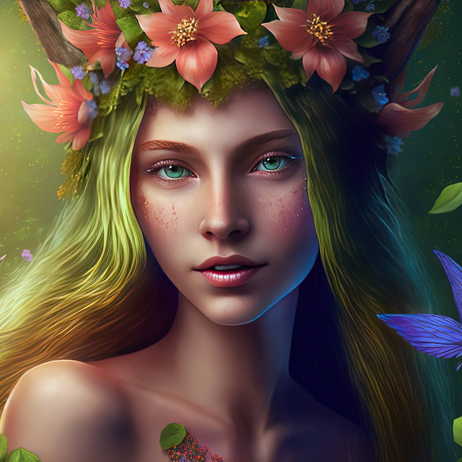 Beautiful young nymph spirit forest with long hair botanical ornaments