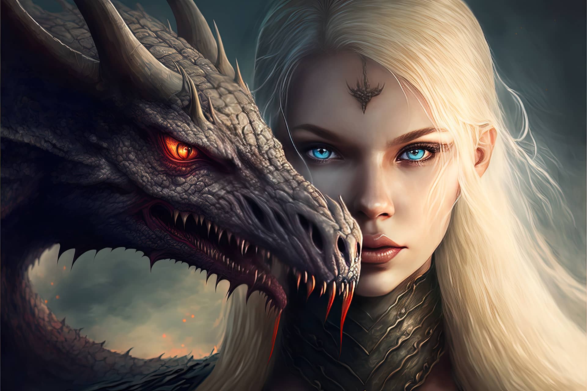 Blond hair girl dragon pet fantasy creature generative image