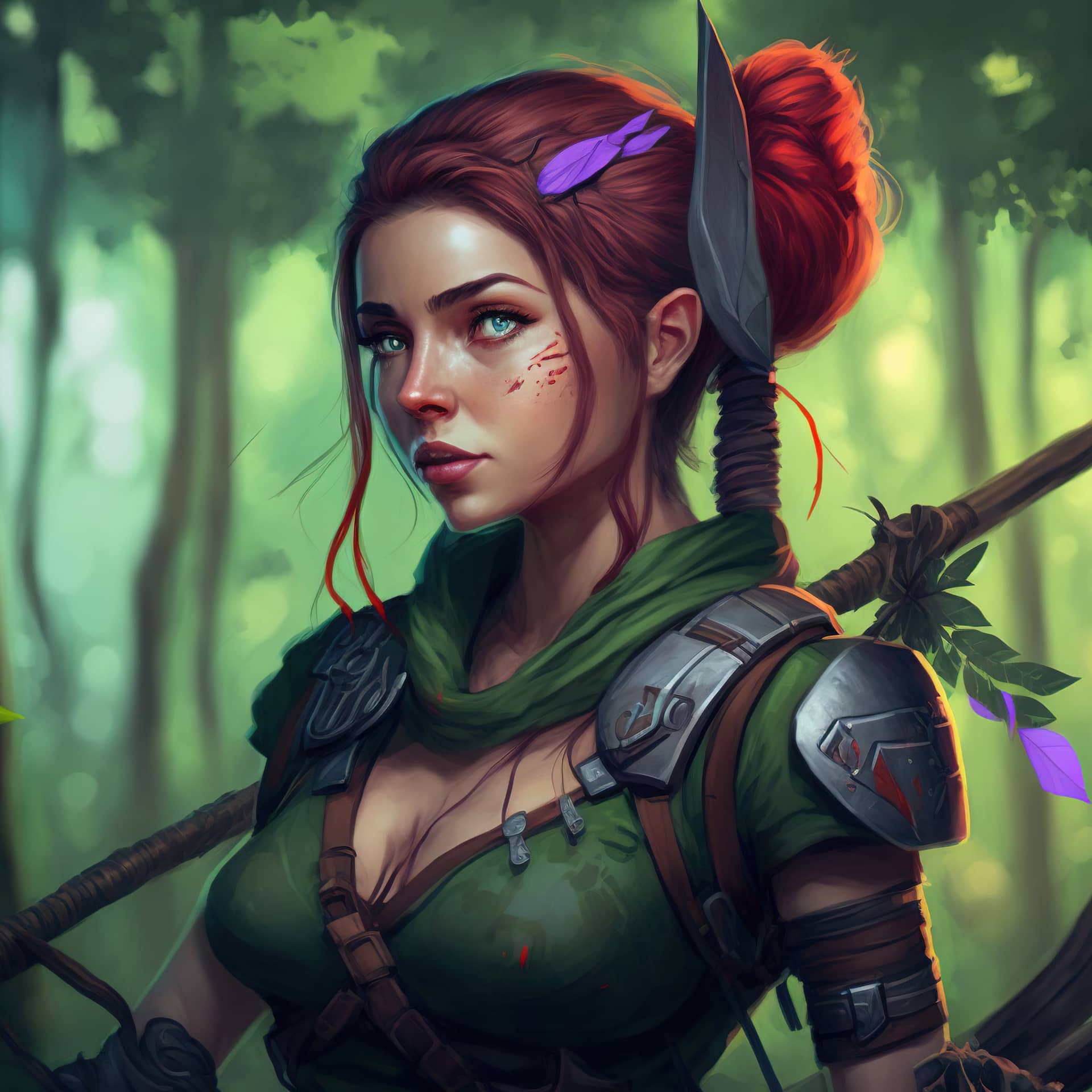 Woman hunter battlefield with bow digital art style illustration painting