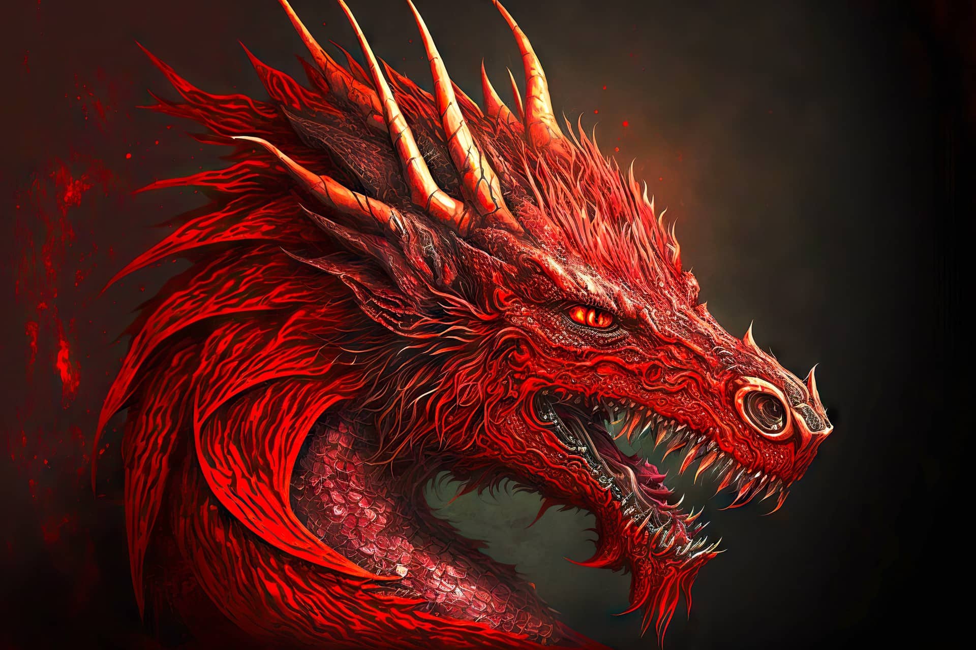 Mystical chinese red dragons grinned angrily watching