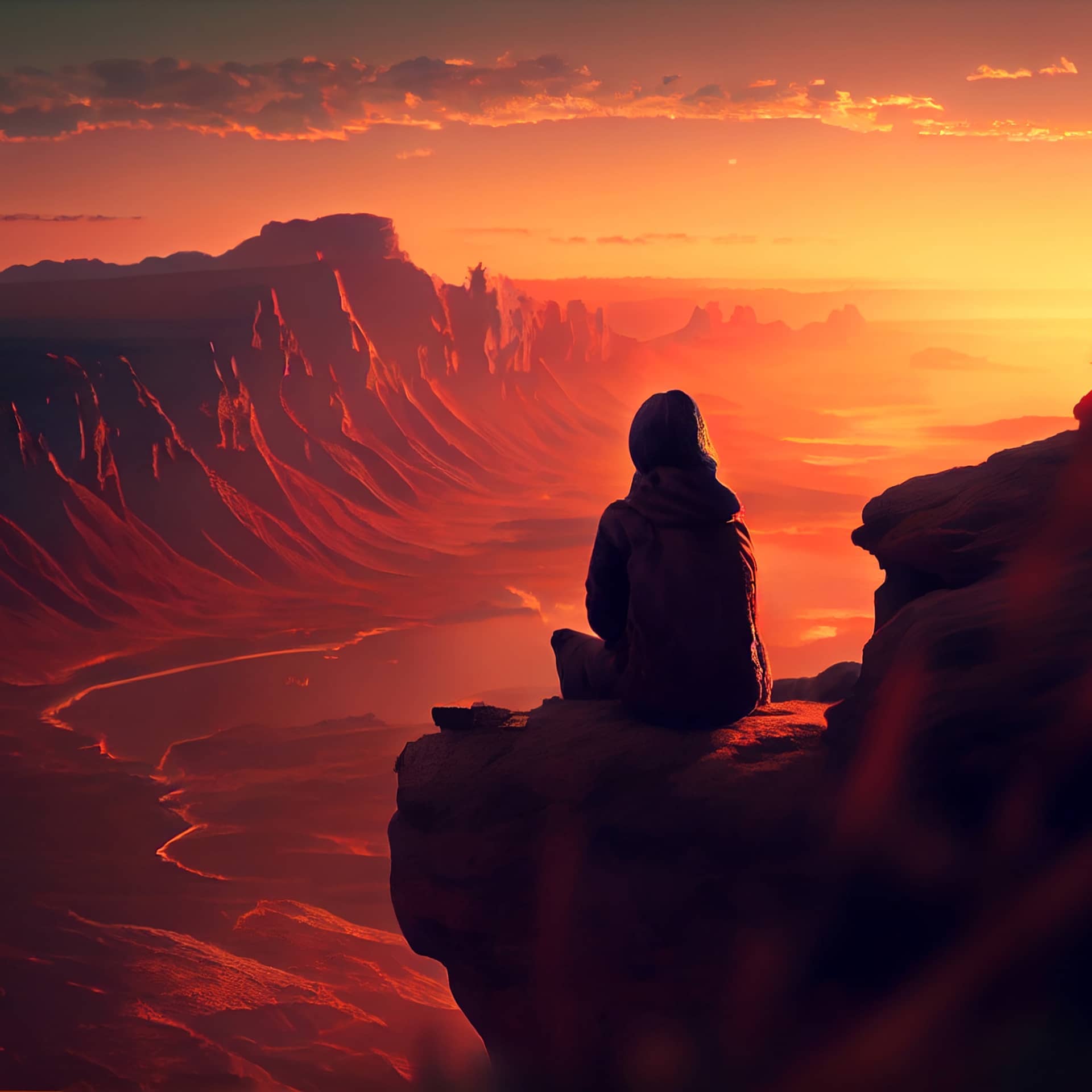 Photo realistic image person sitting edge cliff overlooking beautiful sunset