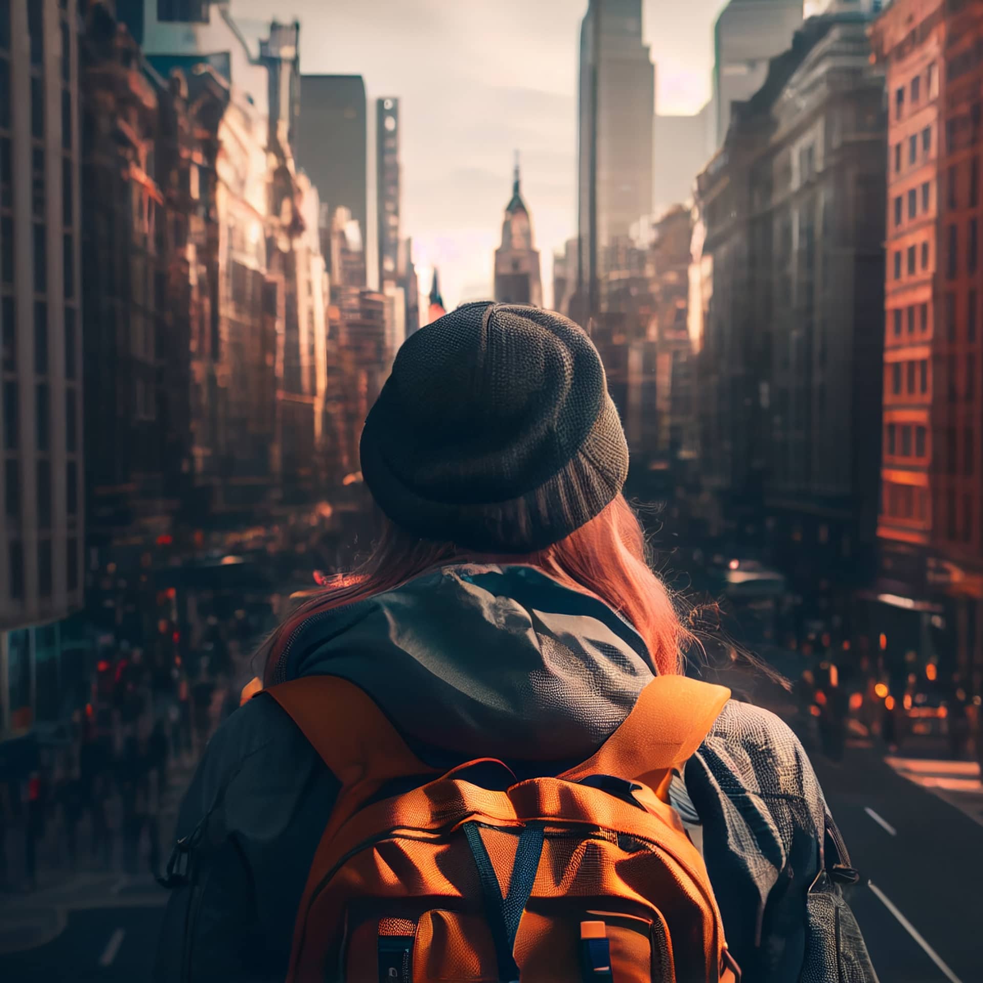 Photo travel site women with backpack background city