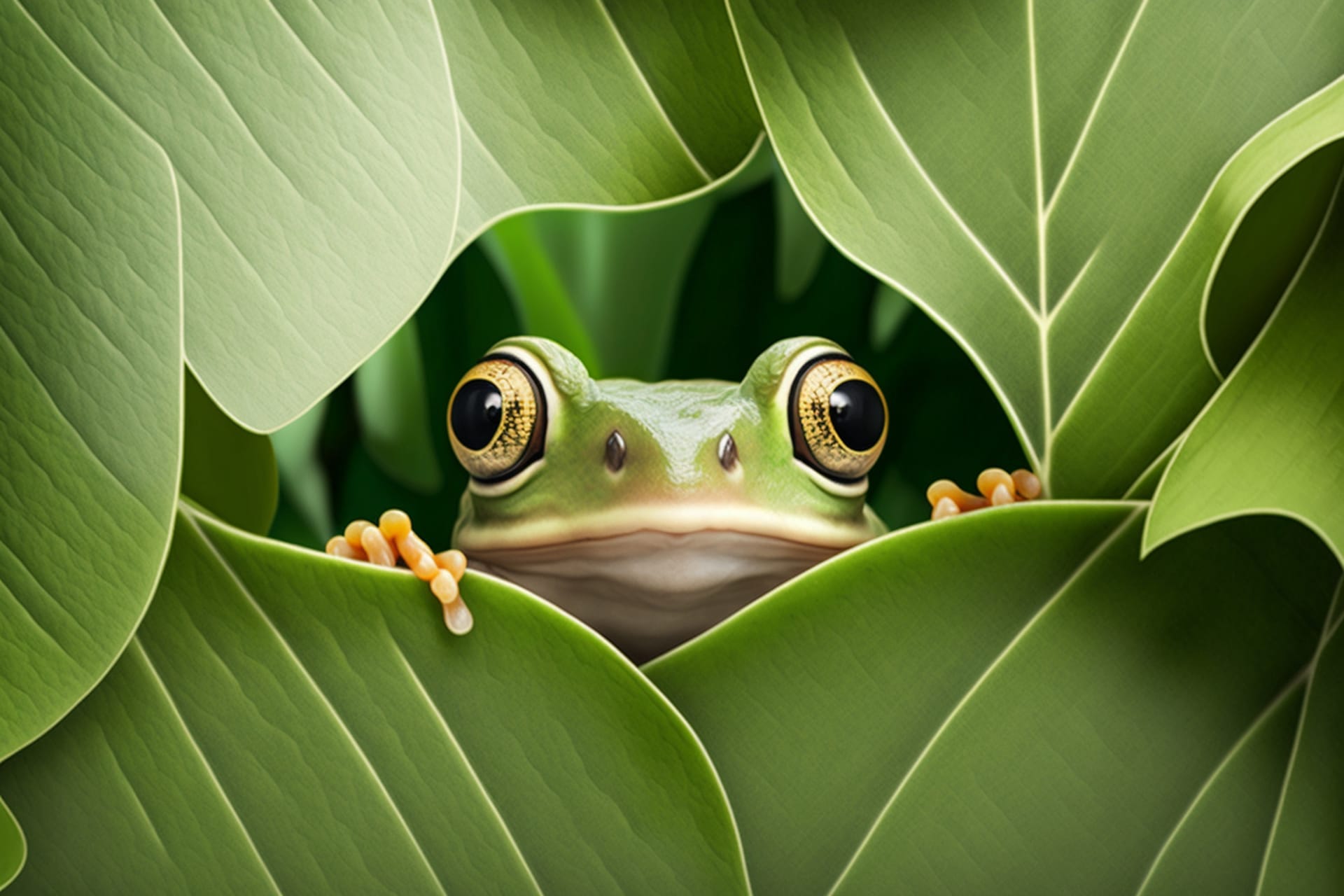 Cute baby frog peeking from leaves with lot copy space