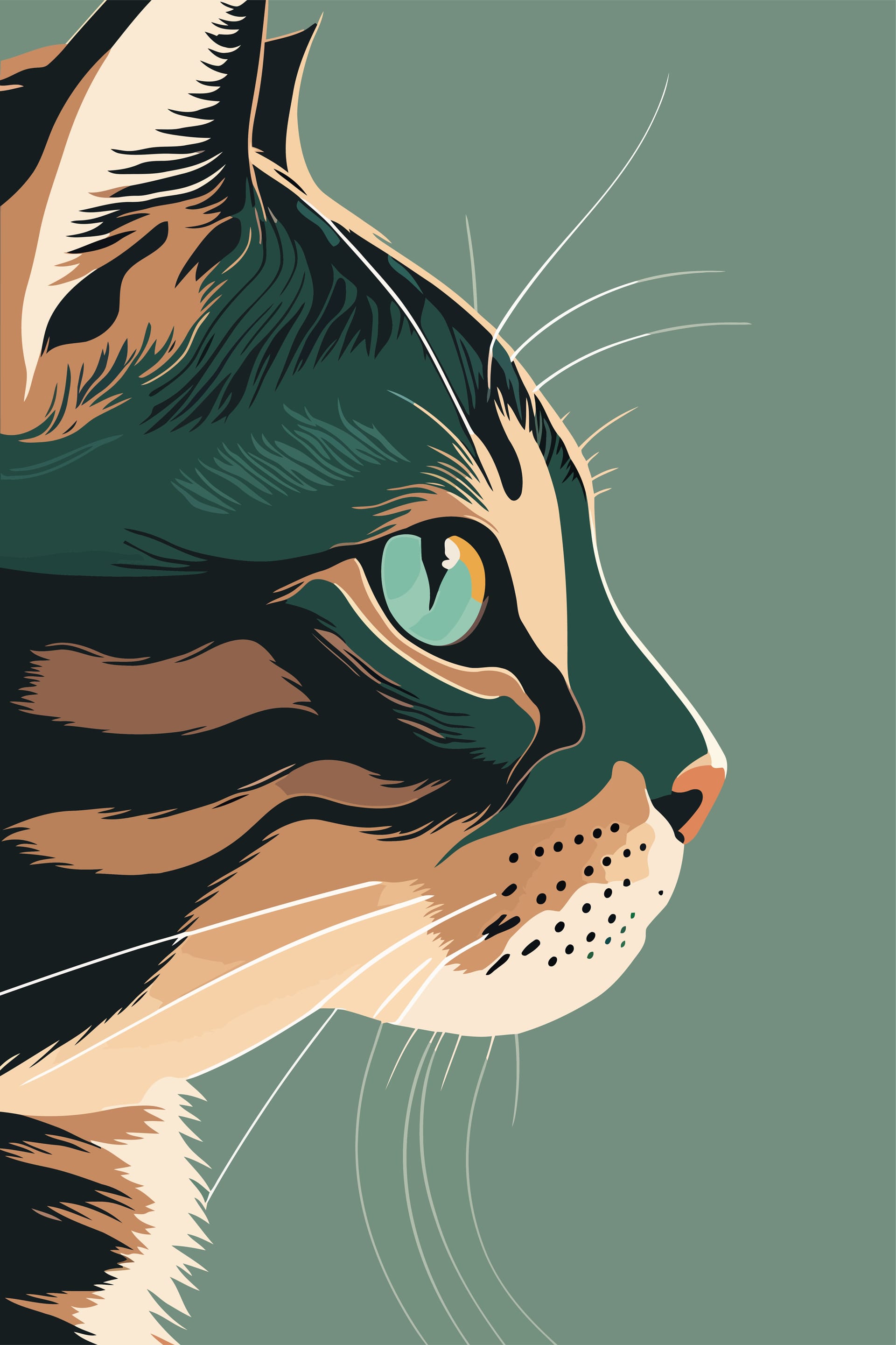 Portrait cat with green eyes illustration retro style