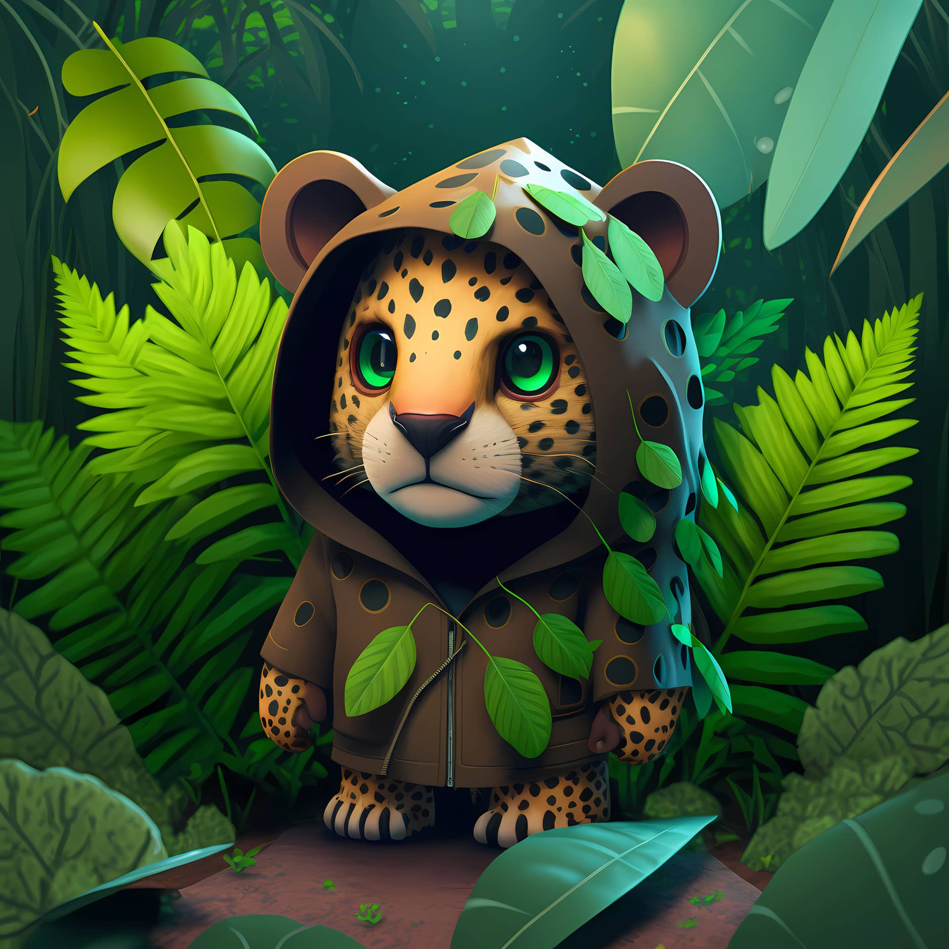 Adorable cute 3d tiger illustration with kawaii style jungle background