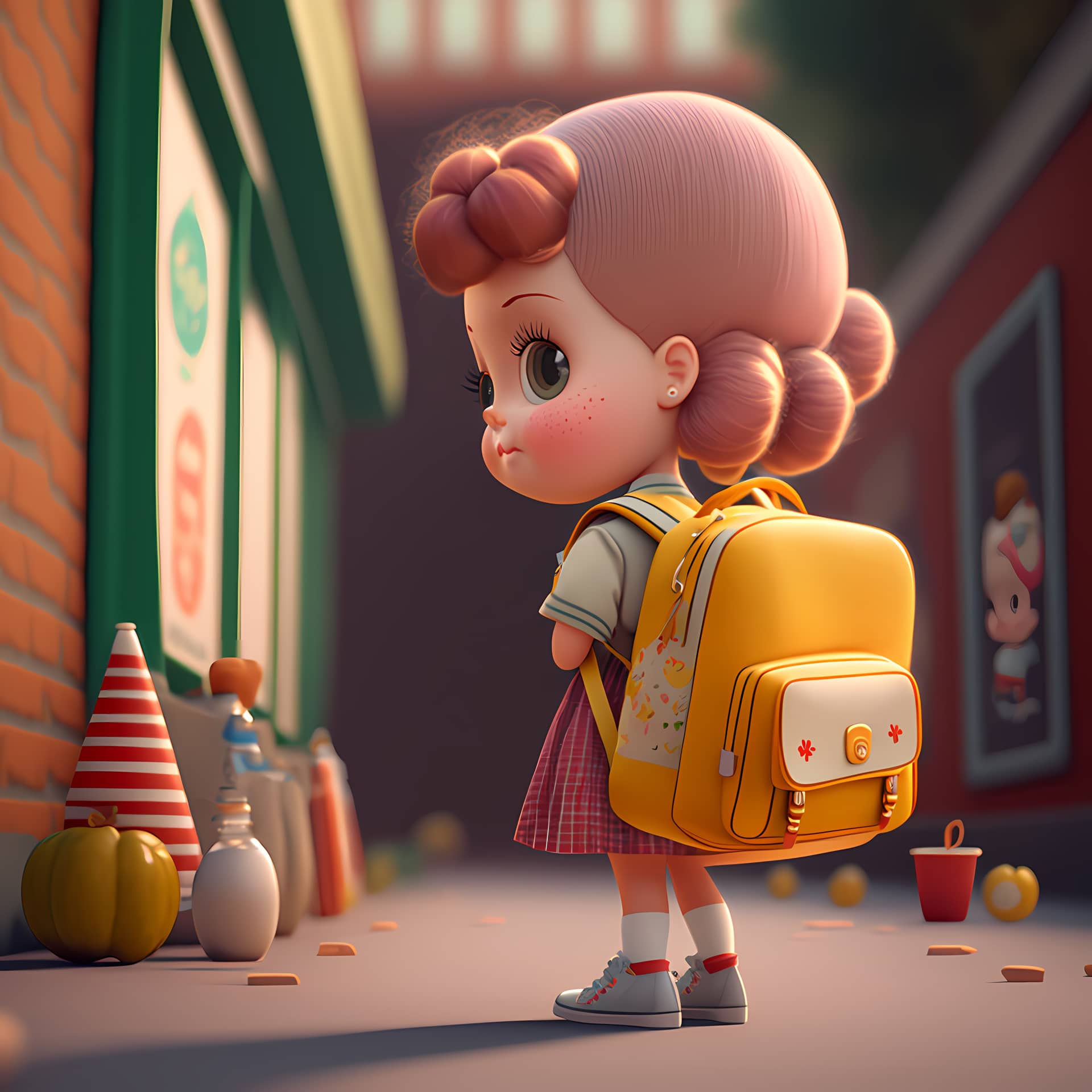 Adorable cute kid girls with school background 3d illustration image