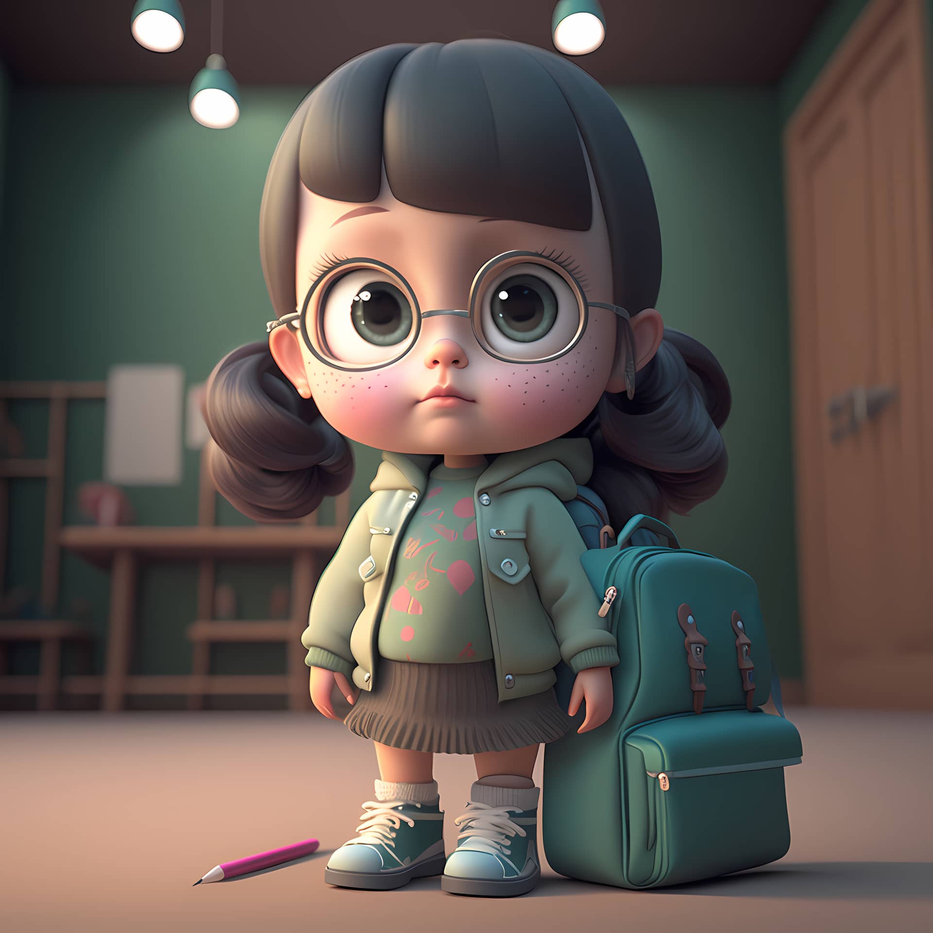 Adorable cute kid girls with school background 3d illustration